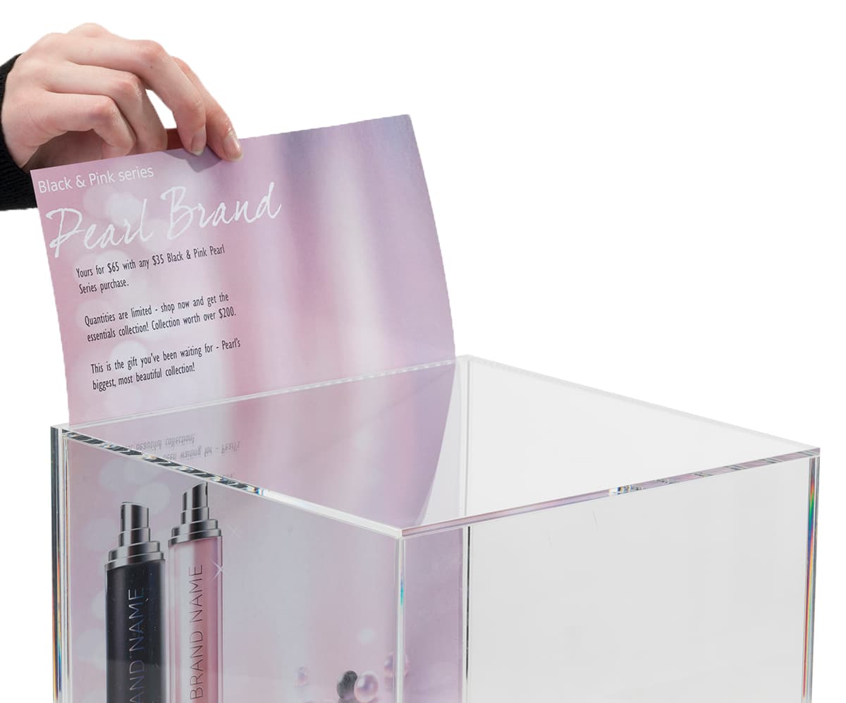 Tabletop acrylic display box with label & top loading graphic insert
