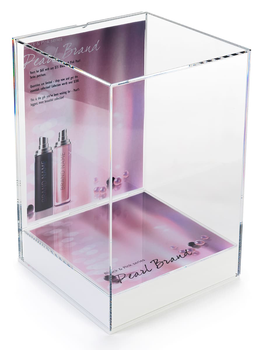 Tabletop acrylic display box with label & spot of base graphic