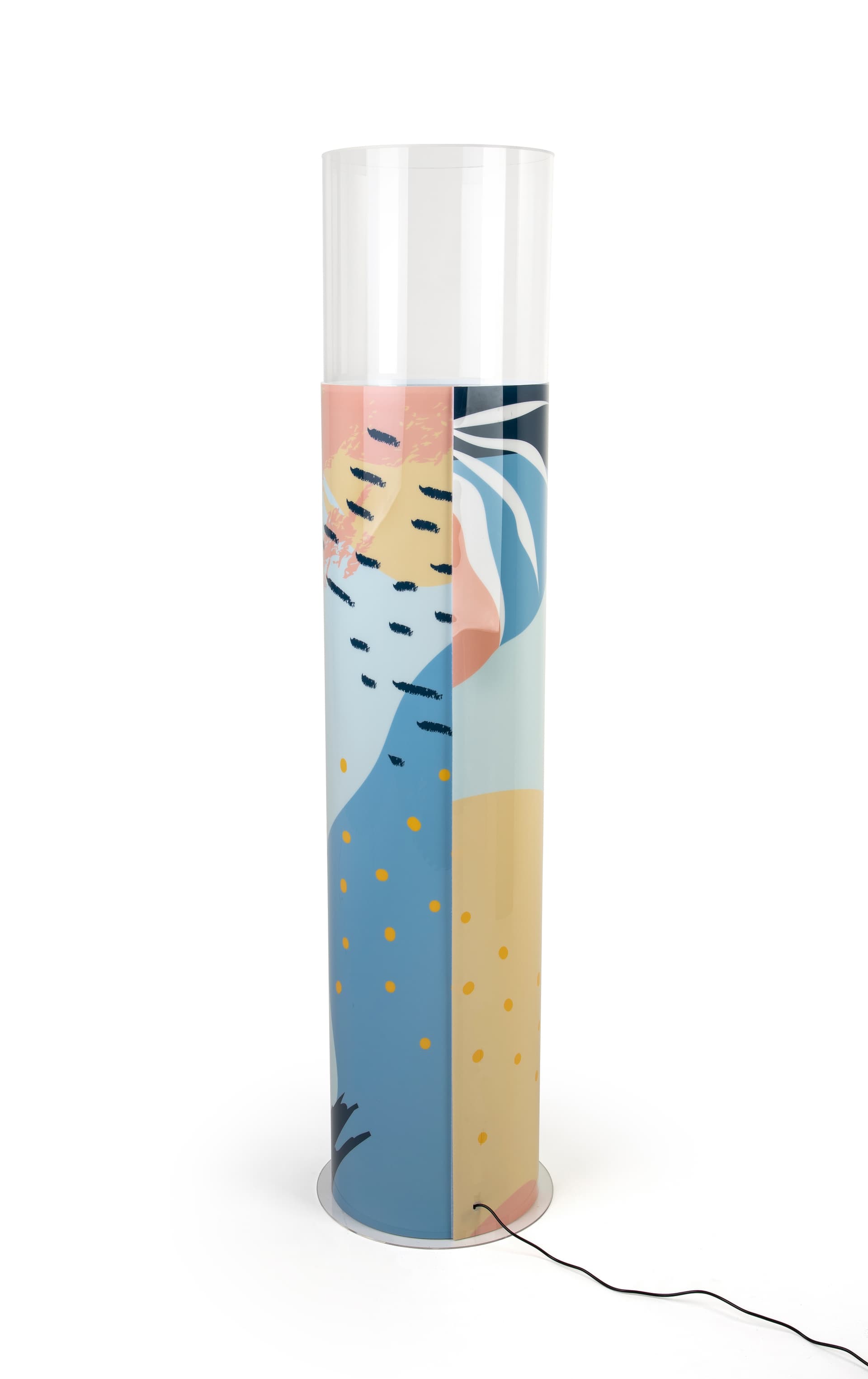 Round pedestal display case with custom printed graphic