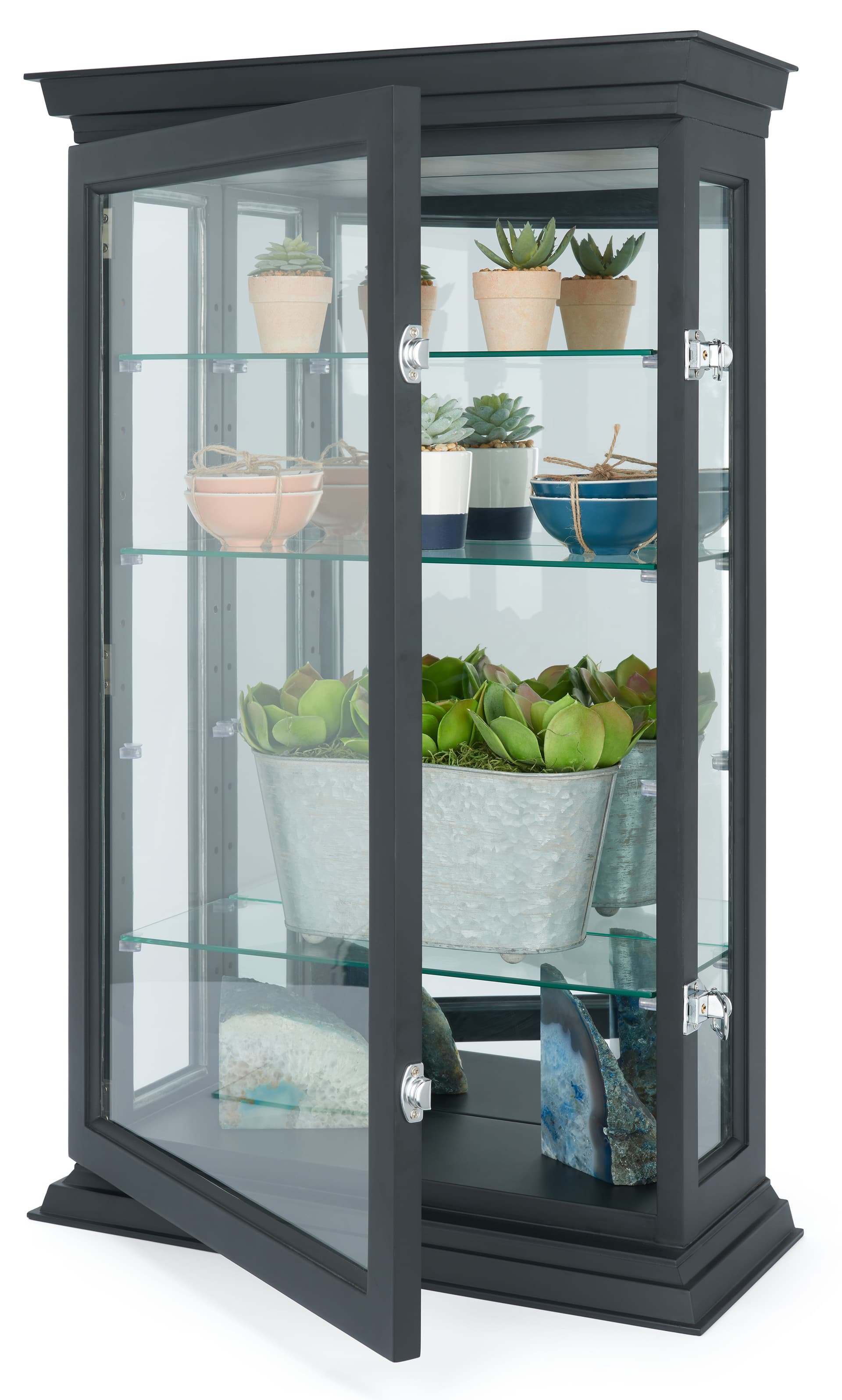Wood curio cabinet with swing-open door