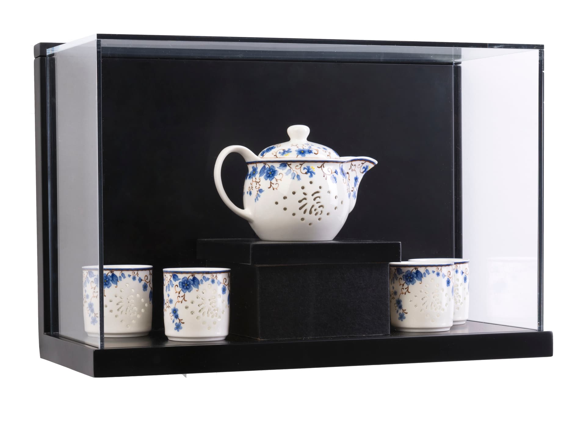 Antique Chinese Tea Set Inside Museum Style Wall Mount Shadow Box