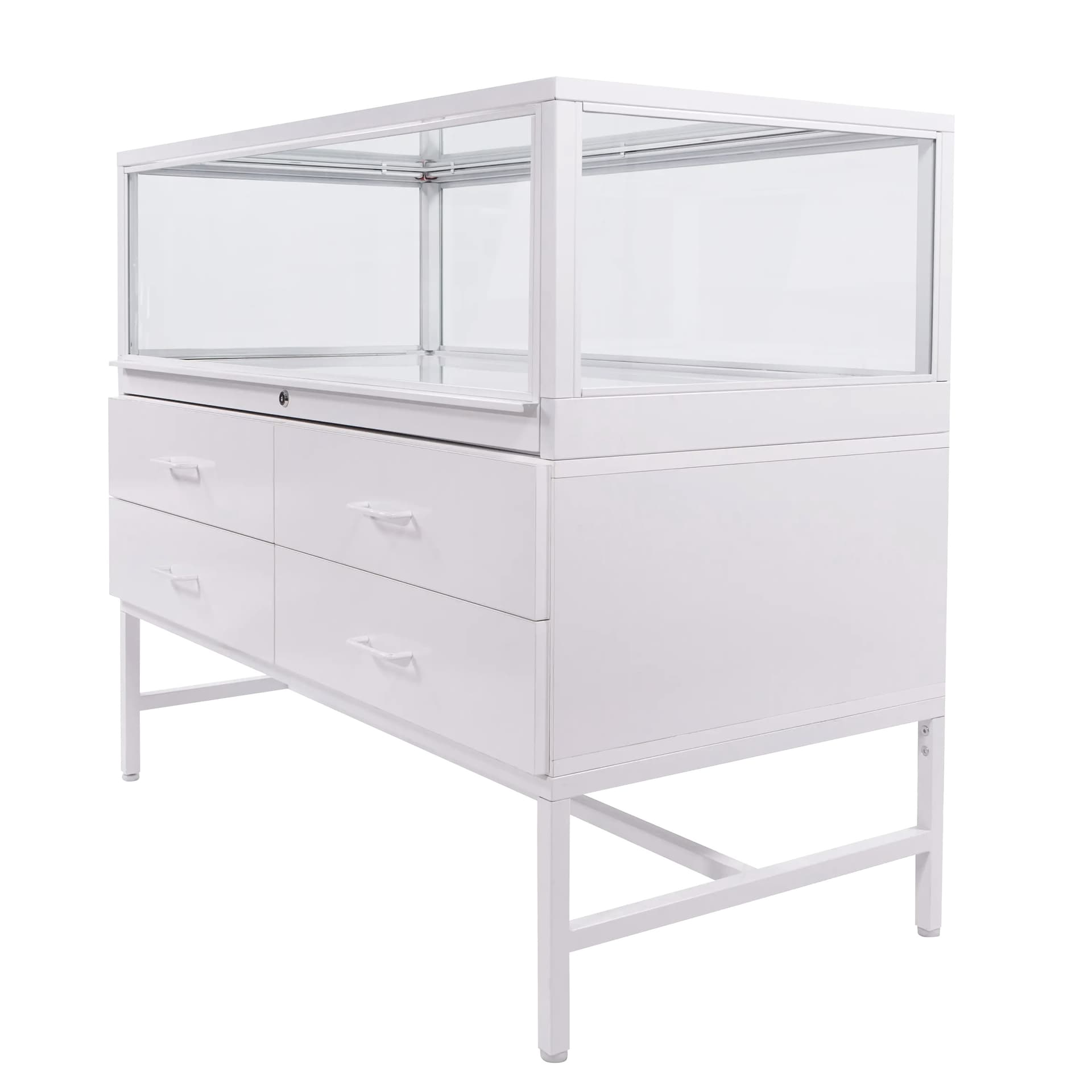 Glass showcase display cabinet has storage drawers with magnetic locks