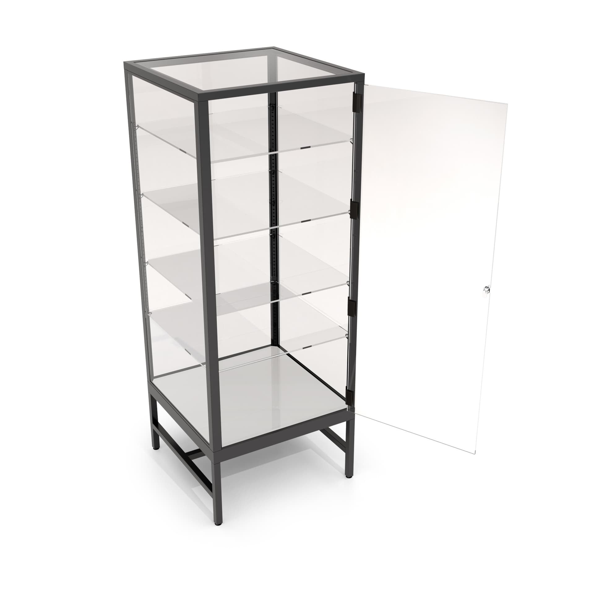 glass showcase tower with adjustable shelves