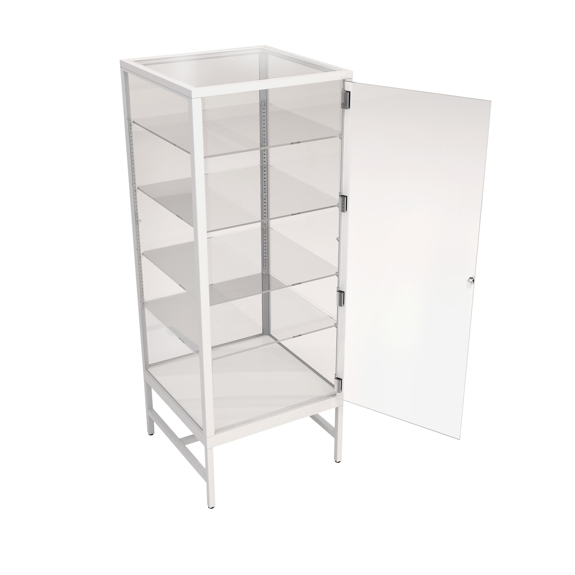 Glass showcase tower with hinged door