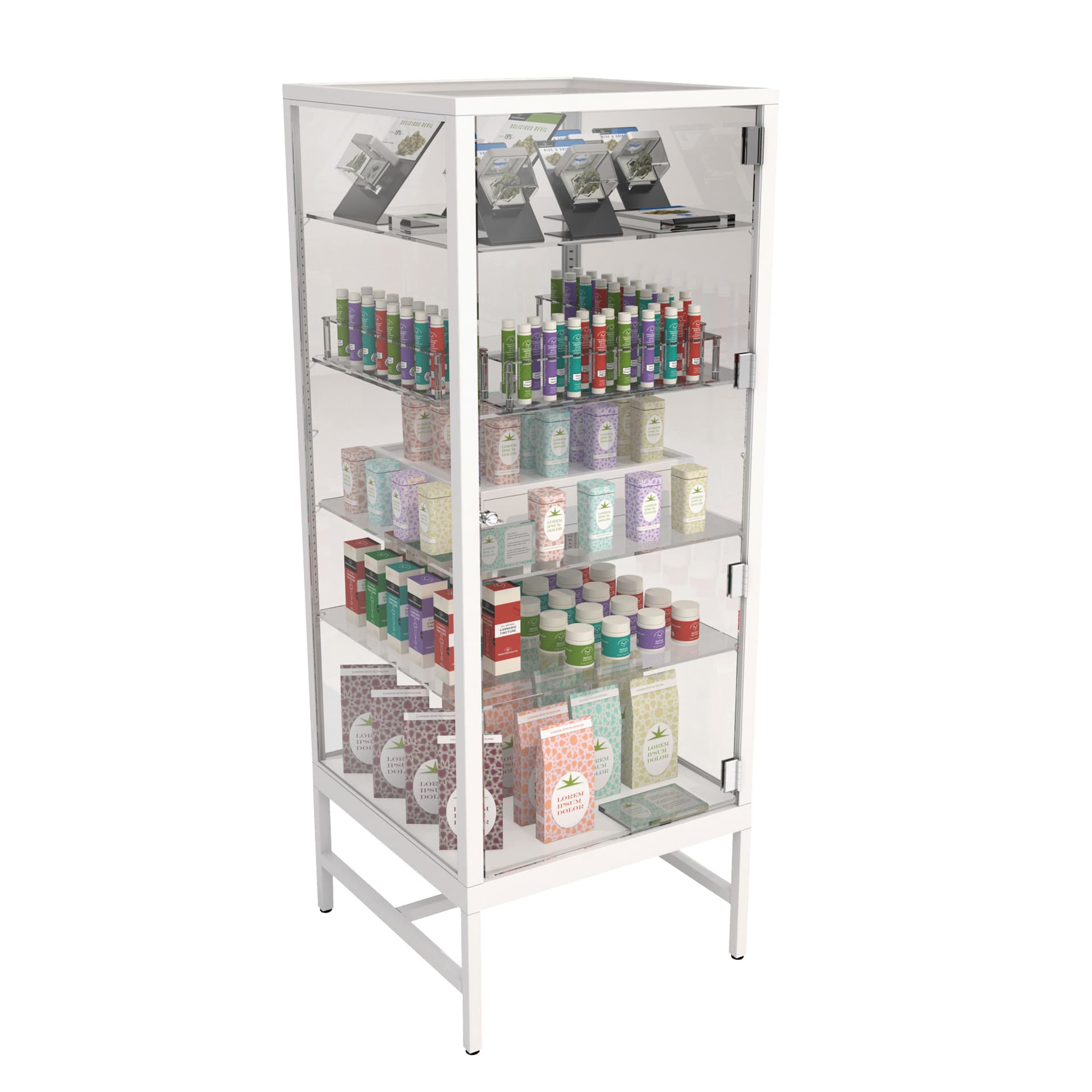 Glass showcase tower with adjustable shelves