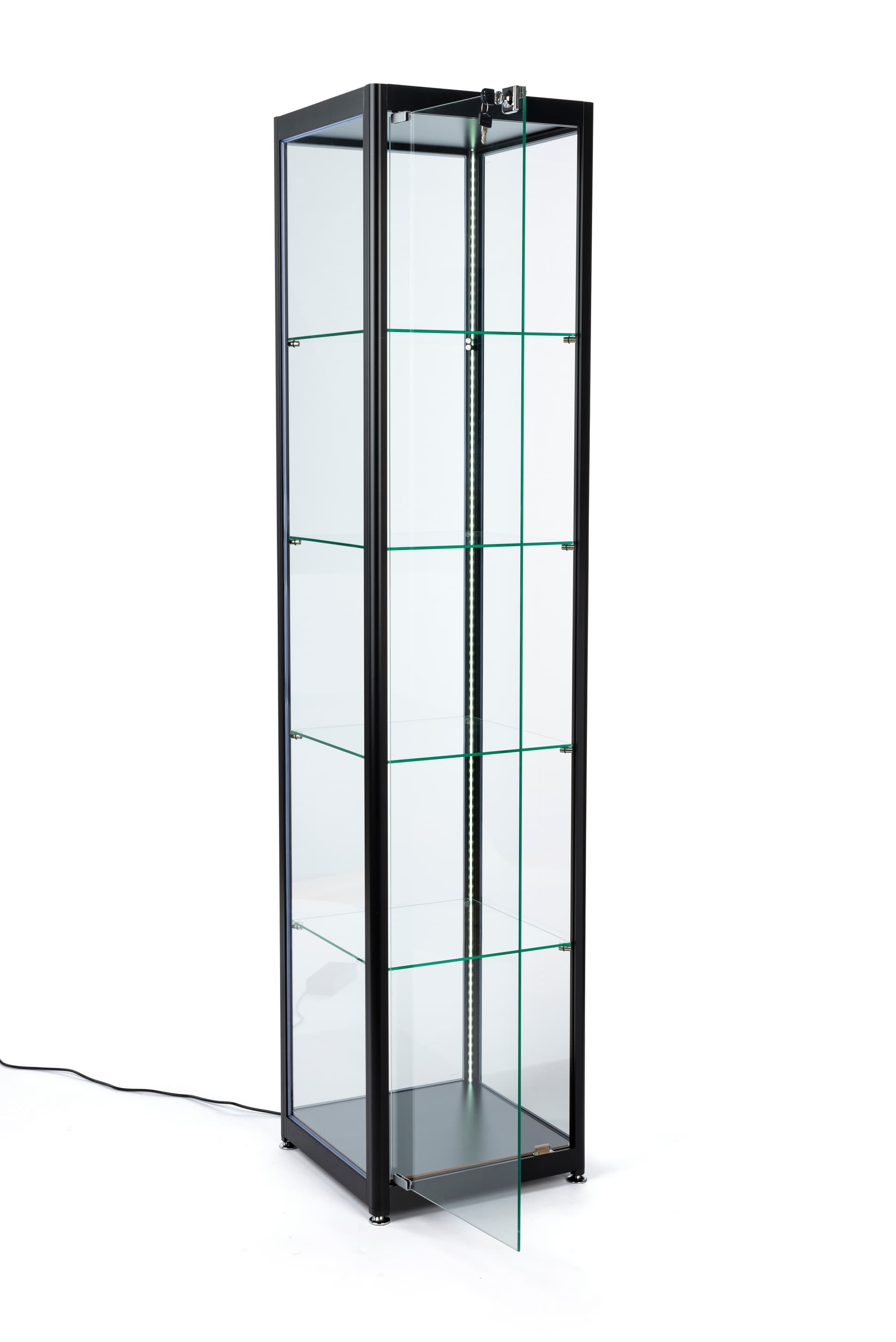 glass curio cabinet display tower with hinged door
