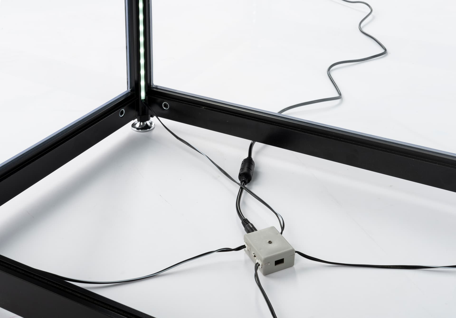 glass curio cabinet display tower LED power hub