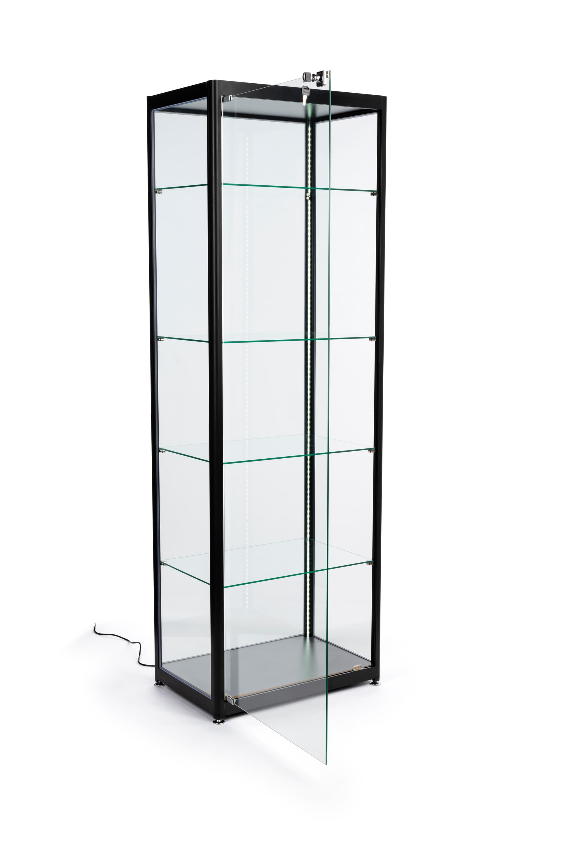 black glass curio display cabinet with single door