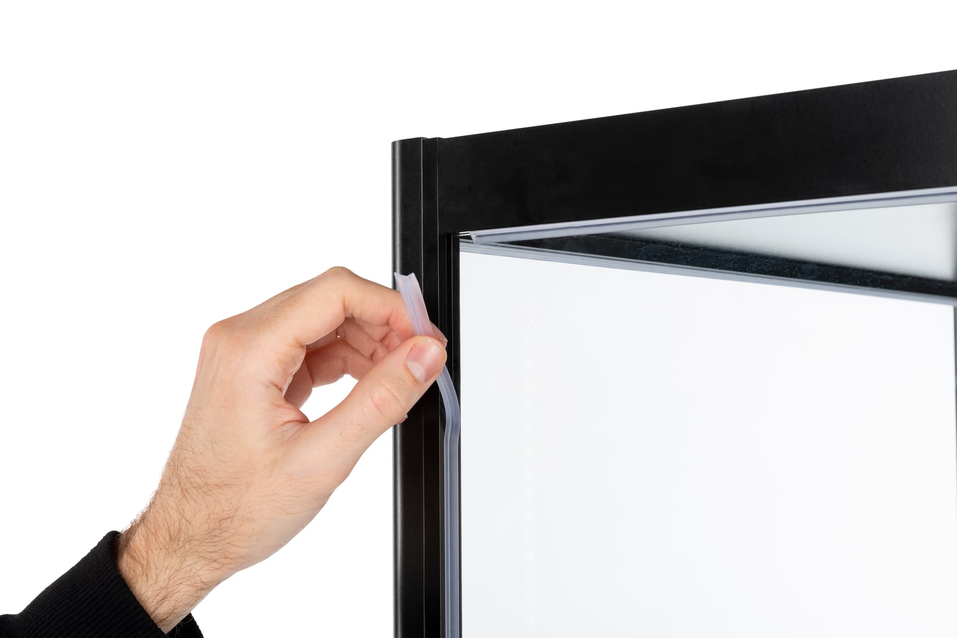 black glass curio display cabinet with rattle-resisting silicone strip