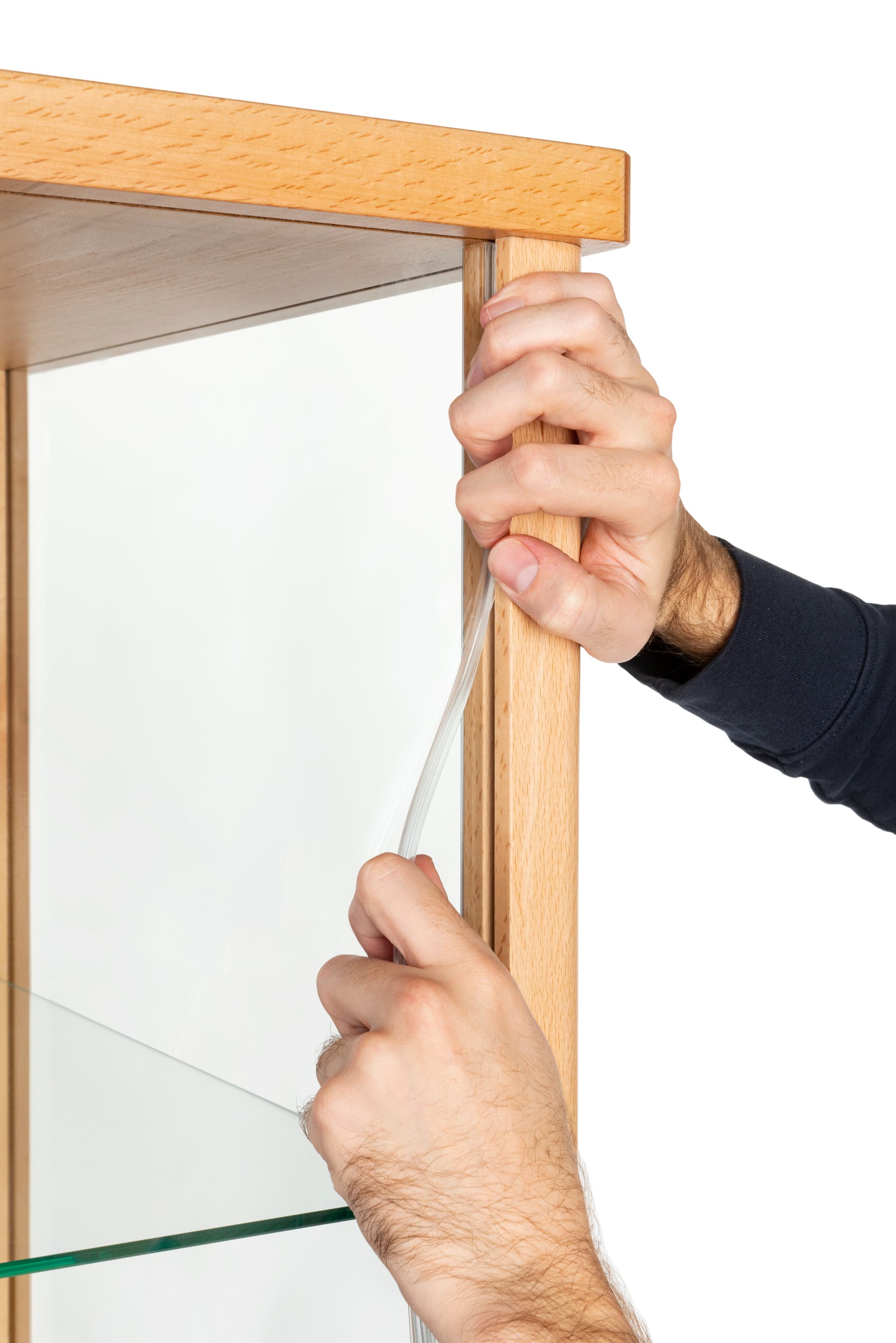 tall glass display cabinet with cut-to-size silicone