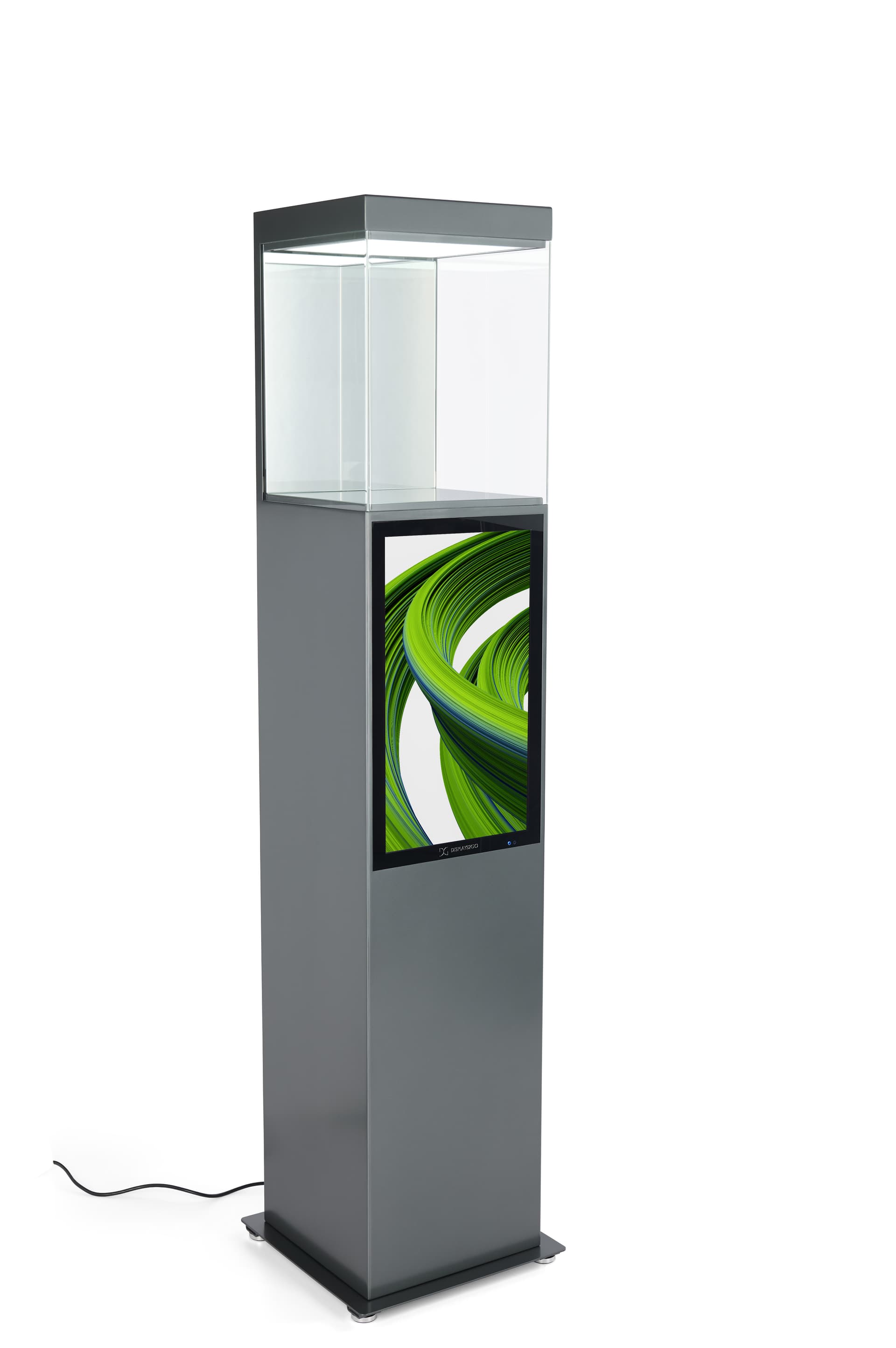 Exhibit pedestal case with video screen is ideal for showcasing sale items 