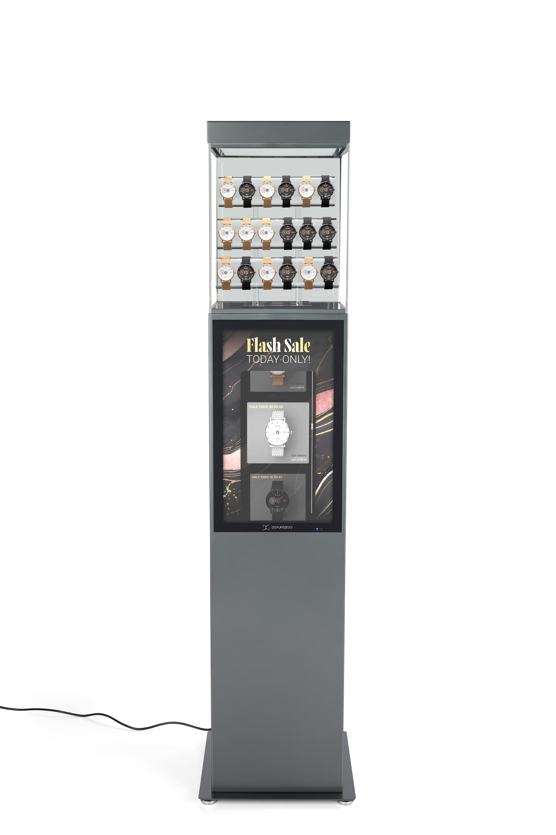 Exhibit pedestal case with video screen has an easy to remove acrylic front panel