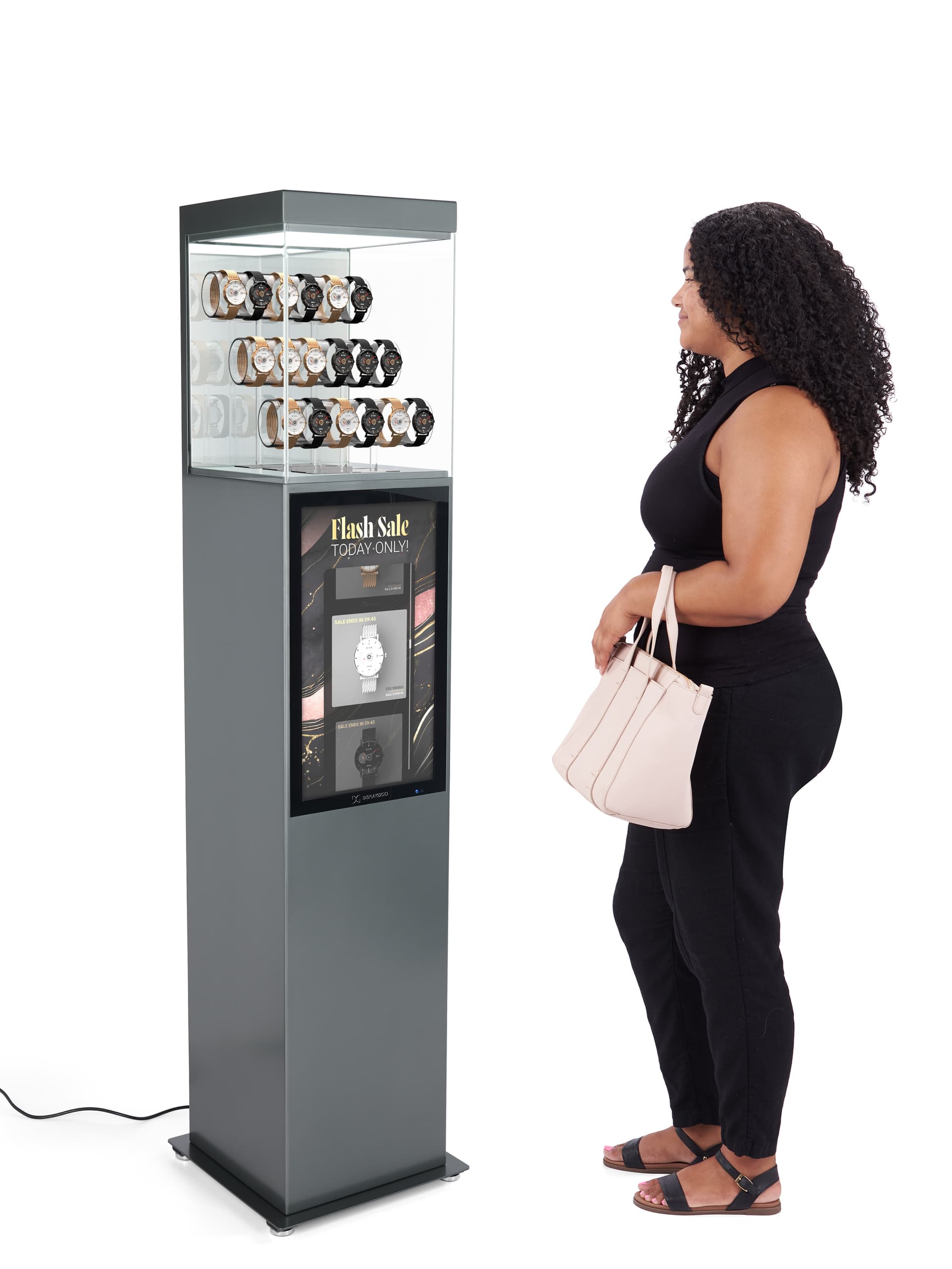 Exhibit pedestal case with video screen is great for displaying new collection items 