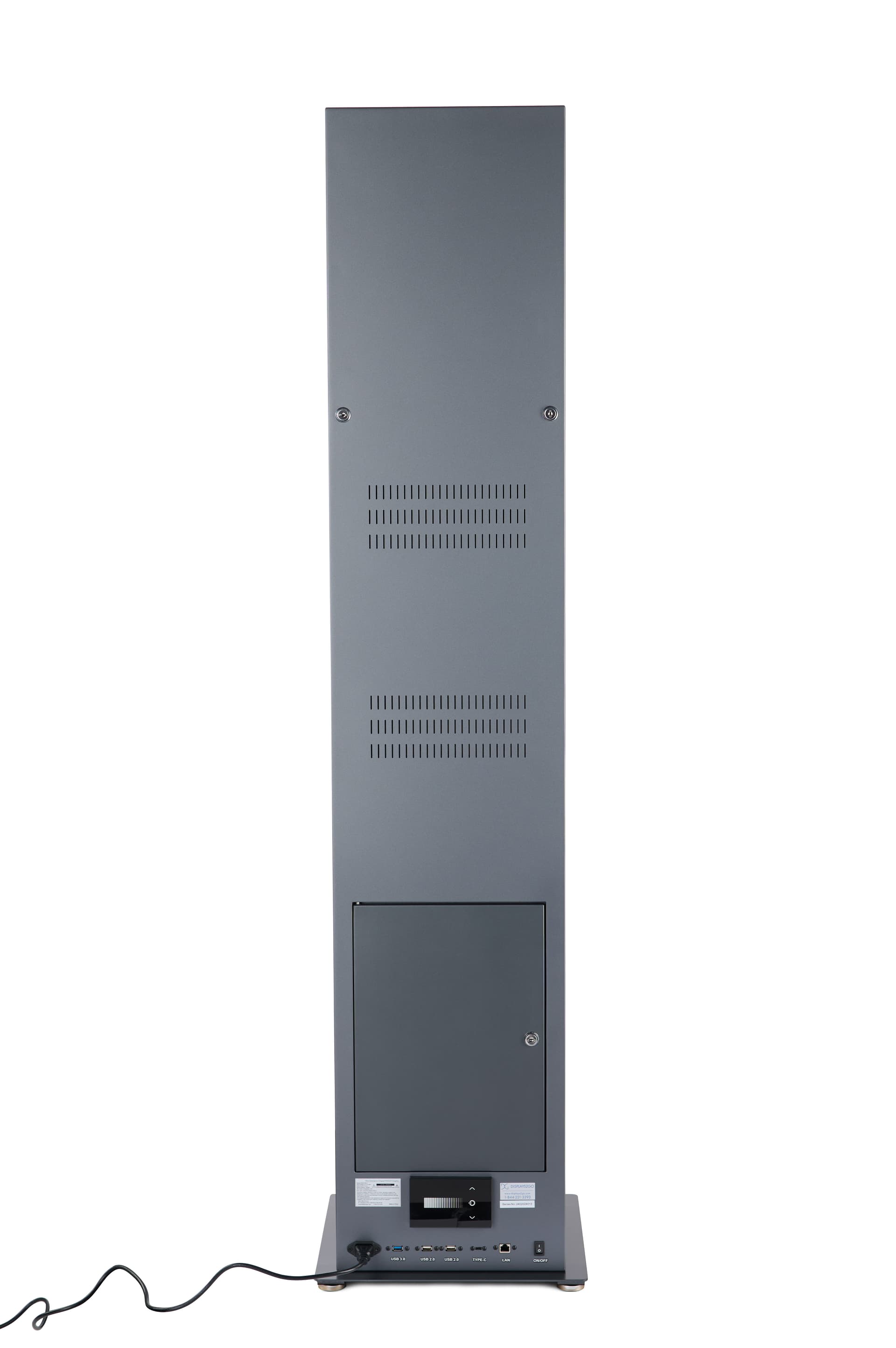 Exhibit pedestal case with video screen with USB, HDMI, and ethernet ports