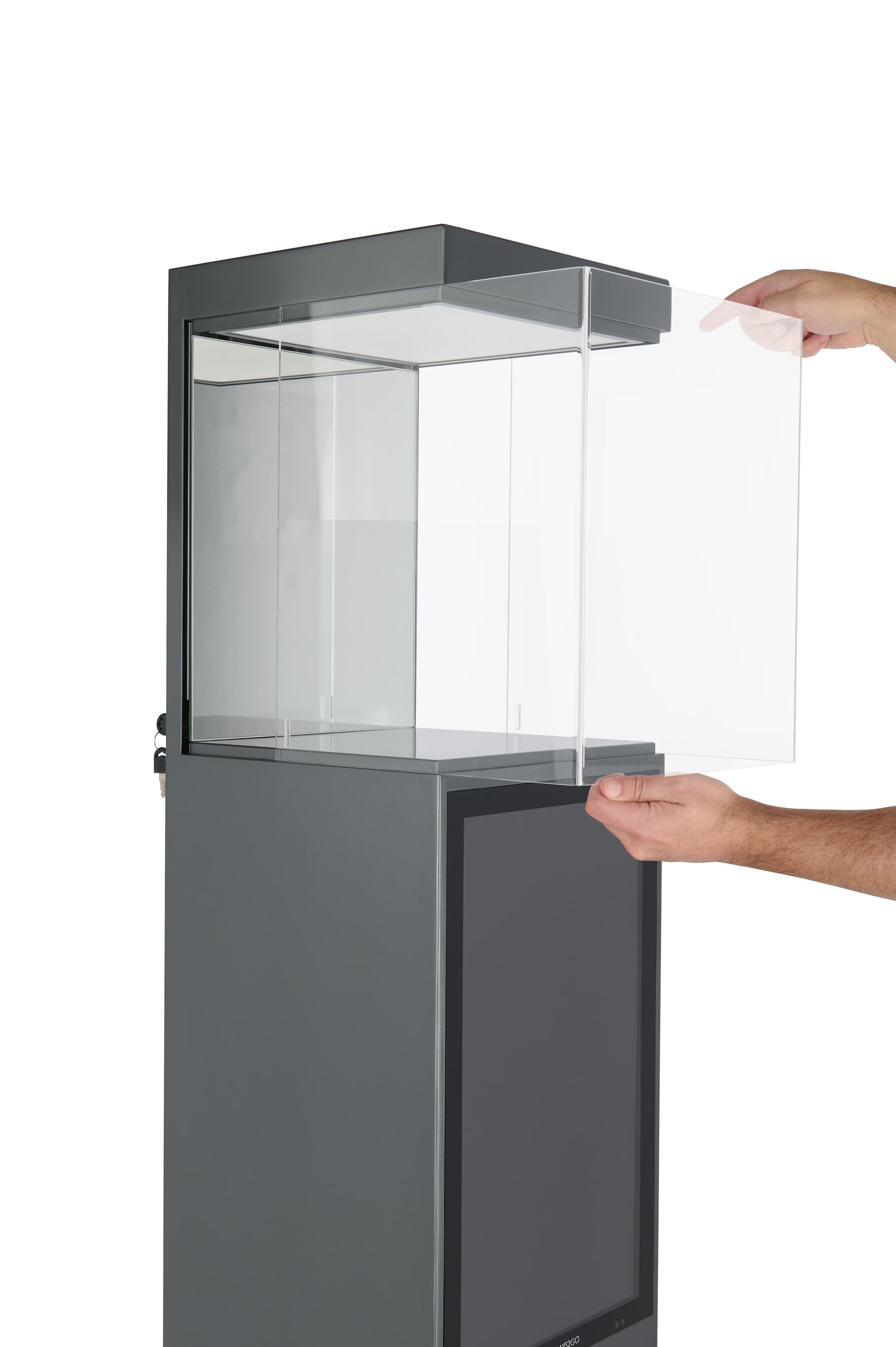 Exhibit pedestal case with video screen has an easy to remove acrylic front pane