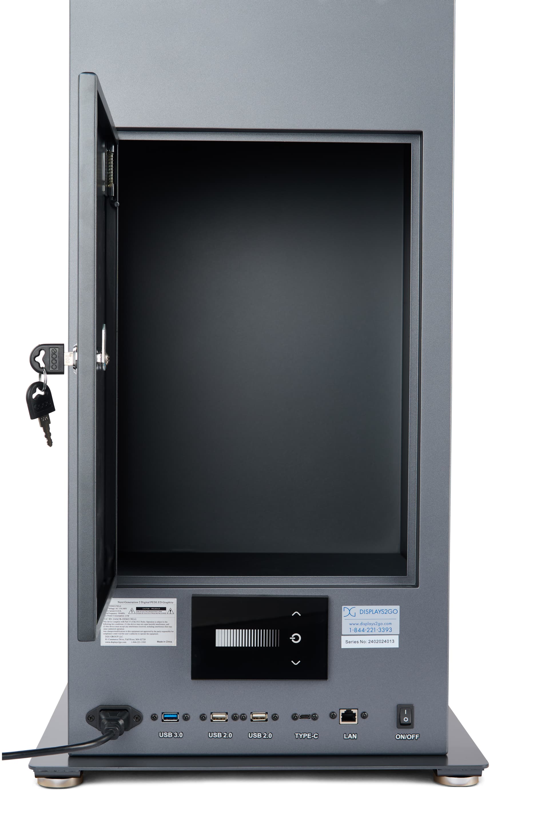 Exhibit pedestal case with video screen has storage space on the backside 