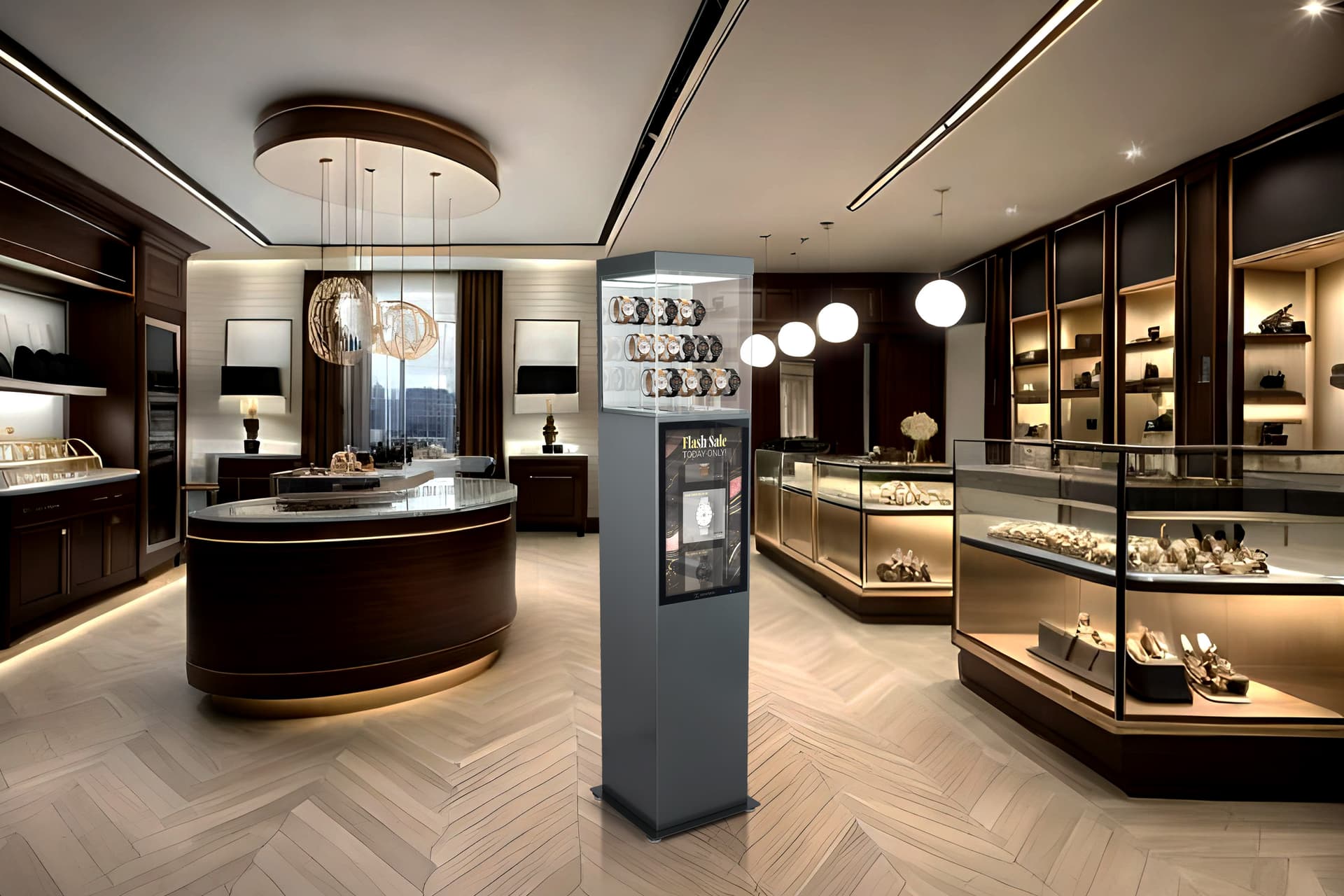 Exhibit pedestal case in retail setting