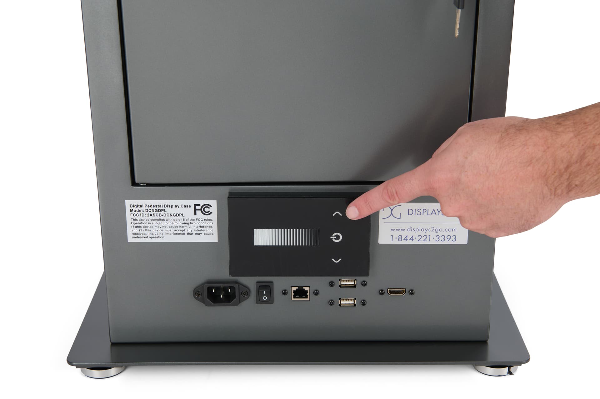 Exhibit pedestal case with video screen and light dimmer