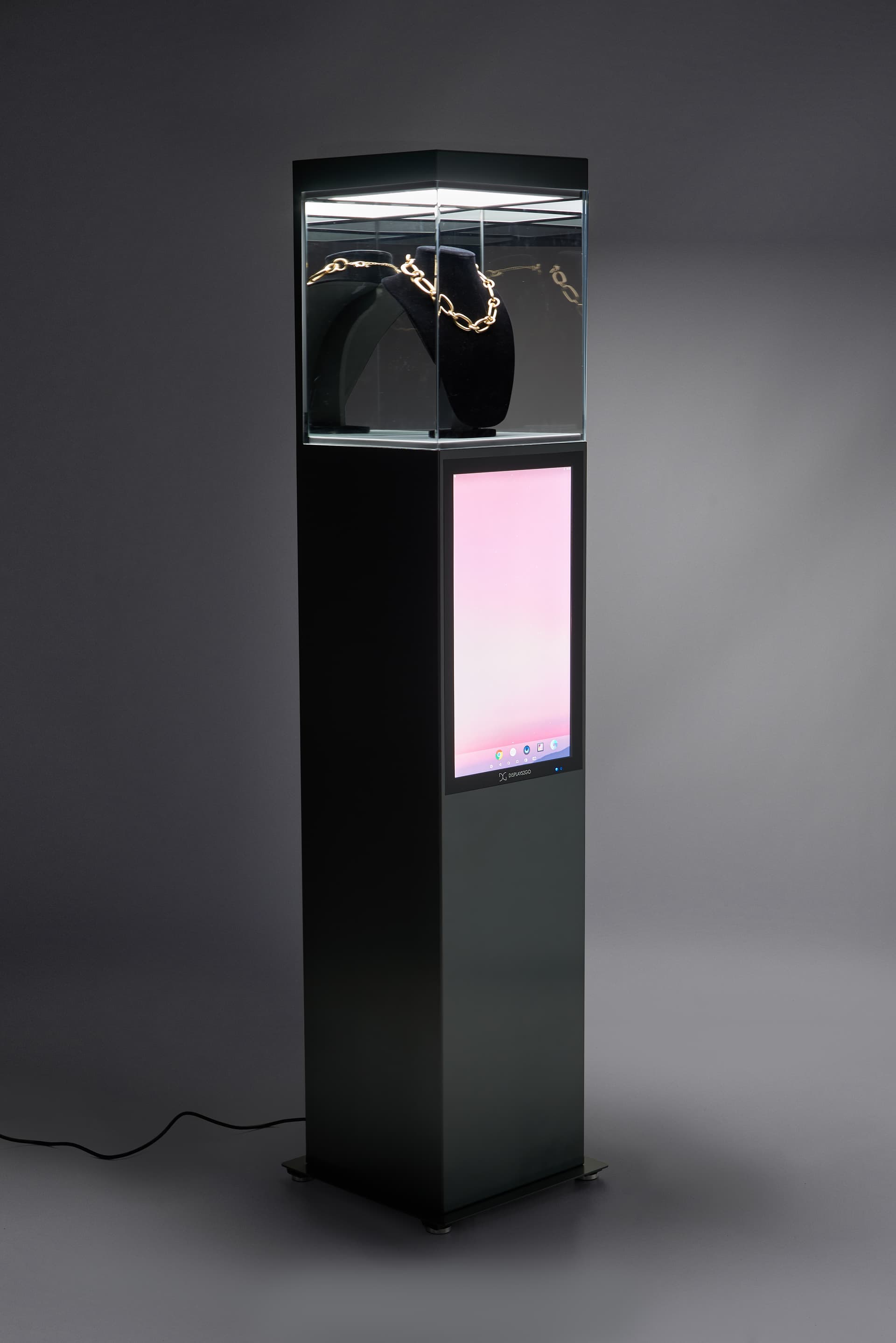Exhibit pedestal case with video screen with dimmable showcase