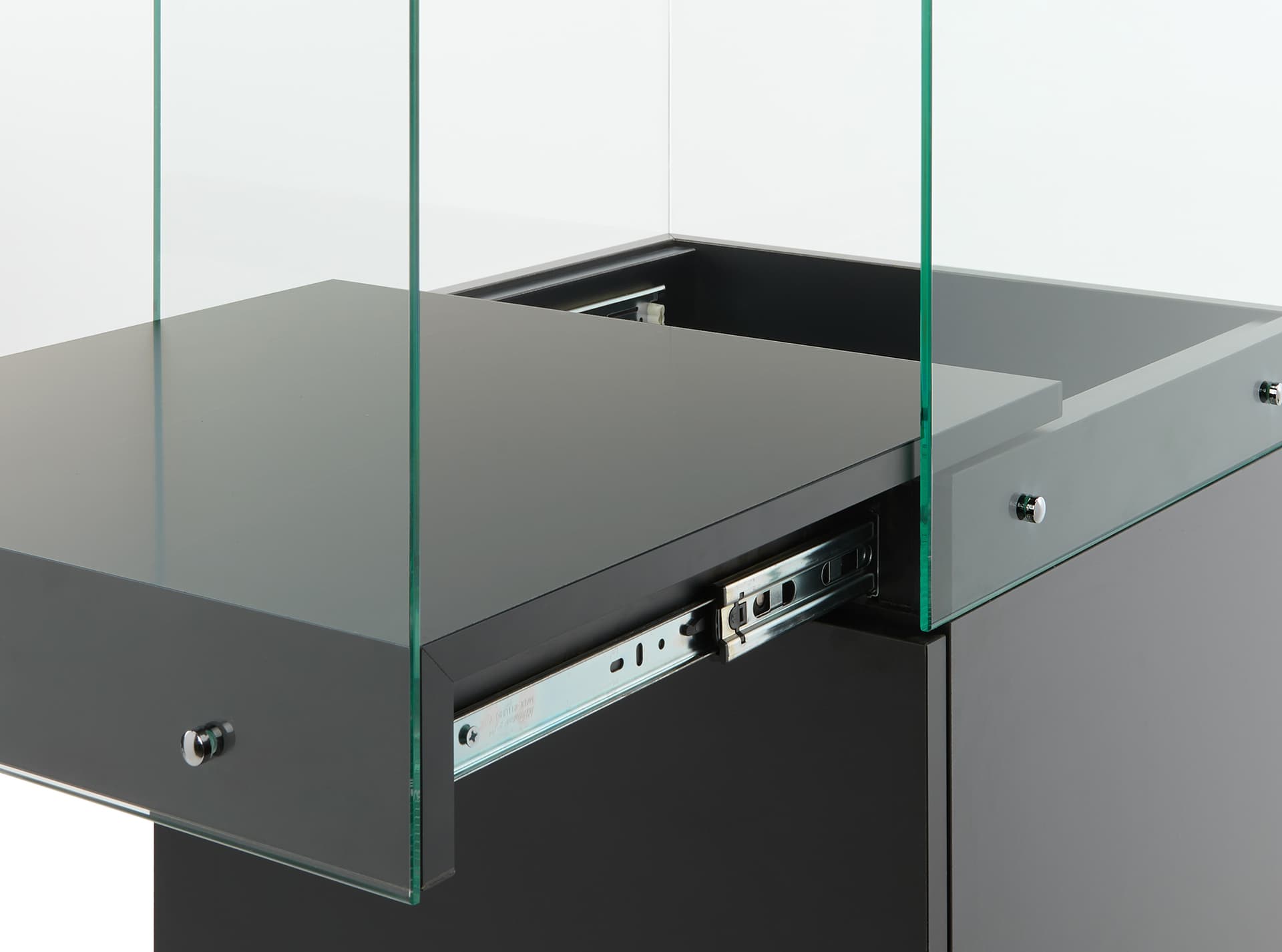 Glass-top pedestal display case with telescoping rail system