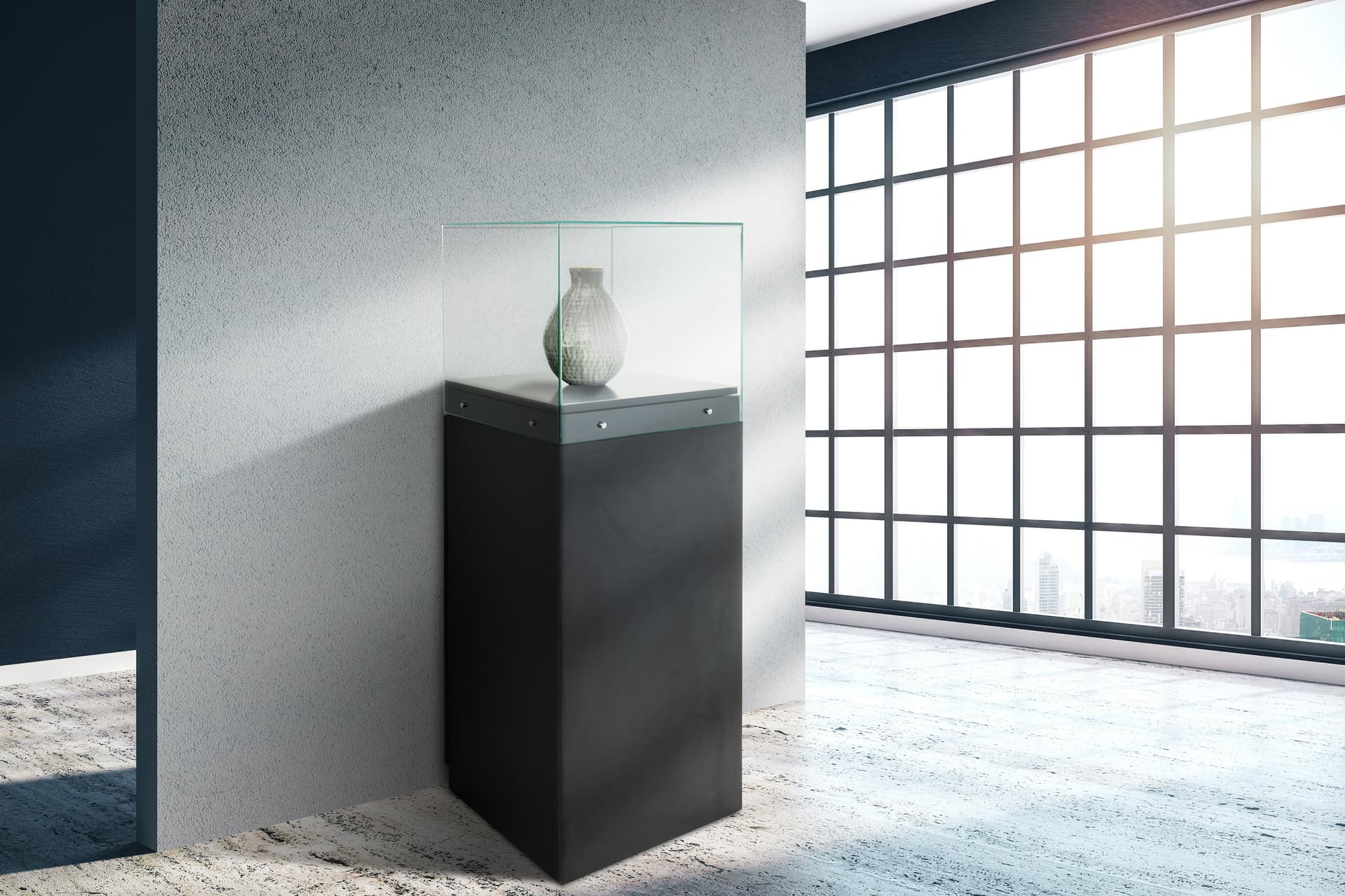 Glass-top pedestal display case in modern black matte finish