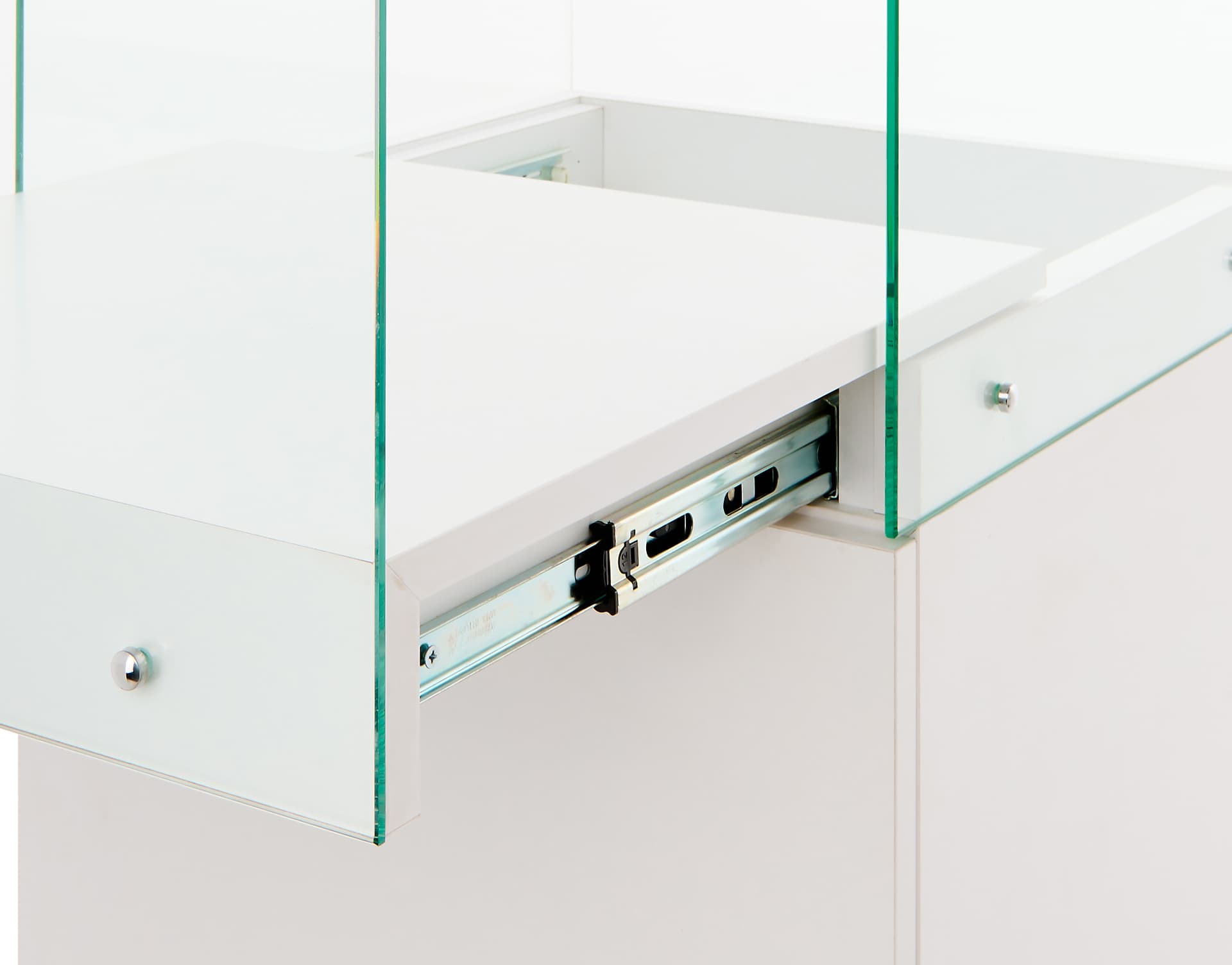 Glass-top pedestal display case with telescoping rail 