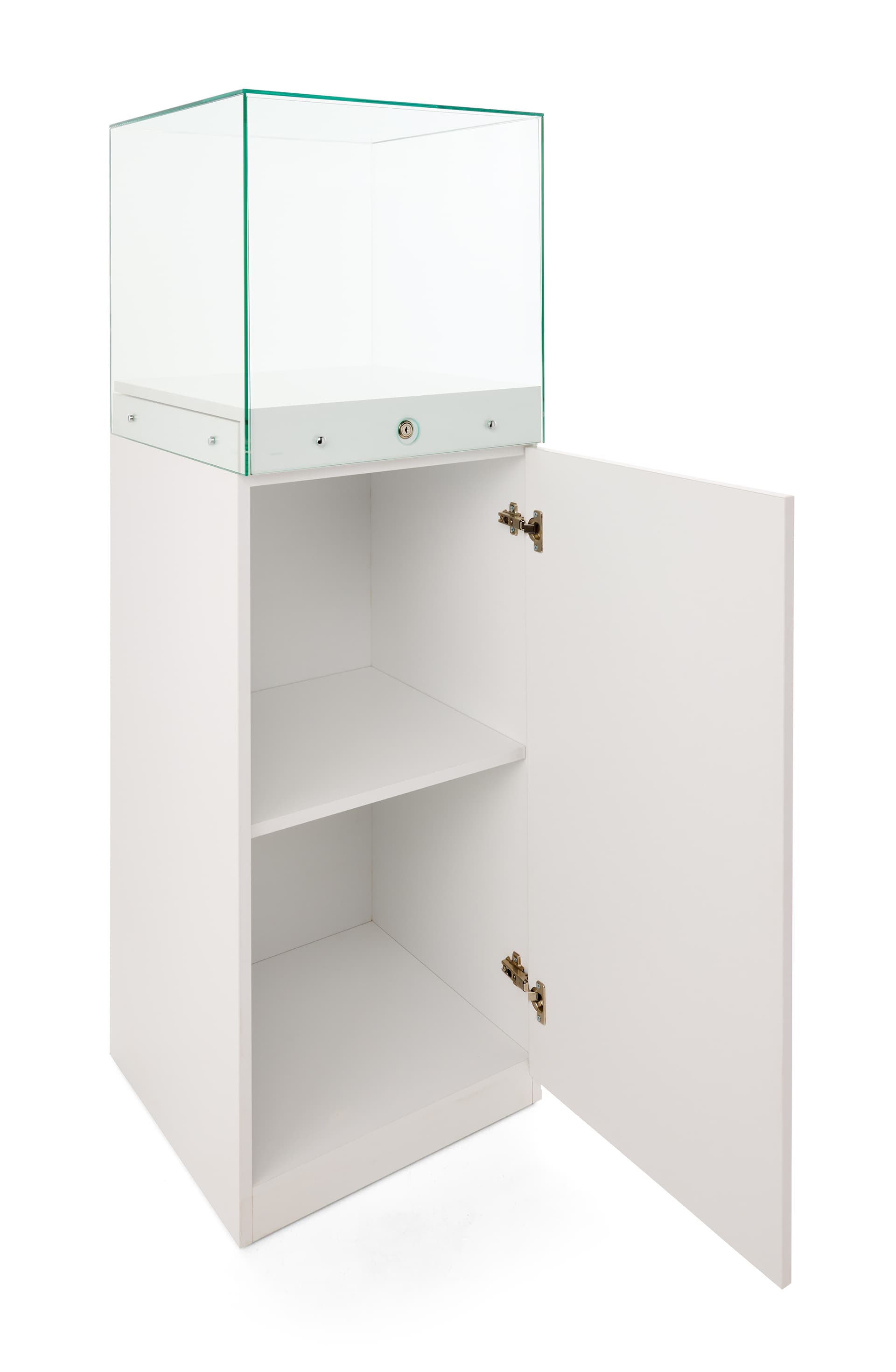 Glass-top pedestal display case with lockable storage area and removable shelf with a 22lb max weight capacity