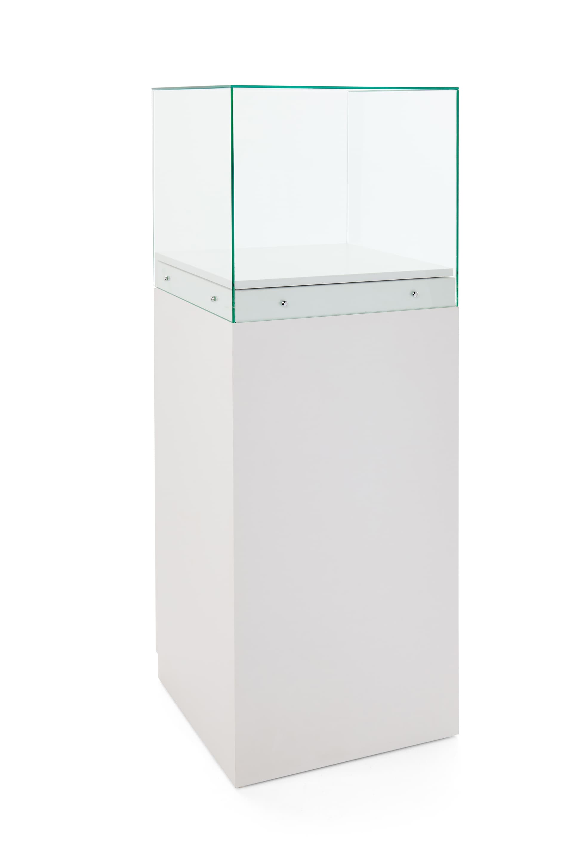 Glass-top pedestal display case with matte finish