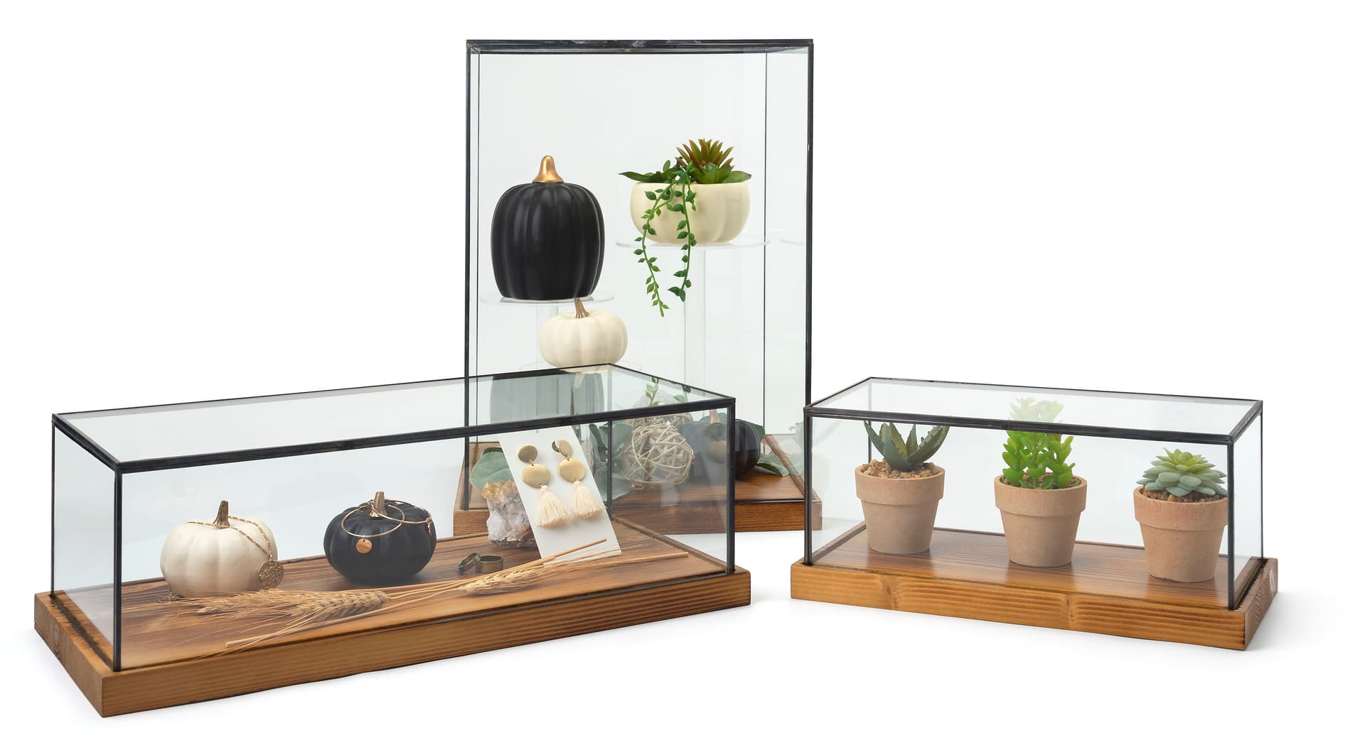Tall wood and glass countertop display case with antique finish