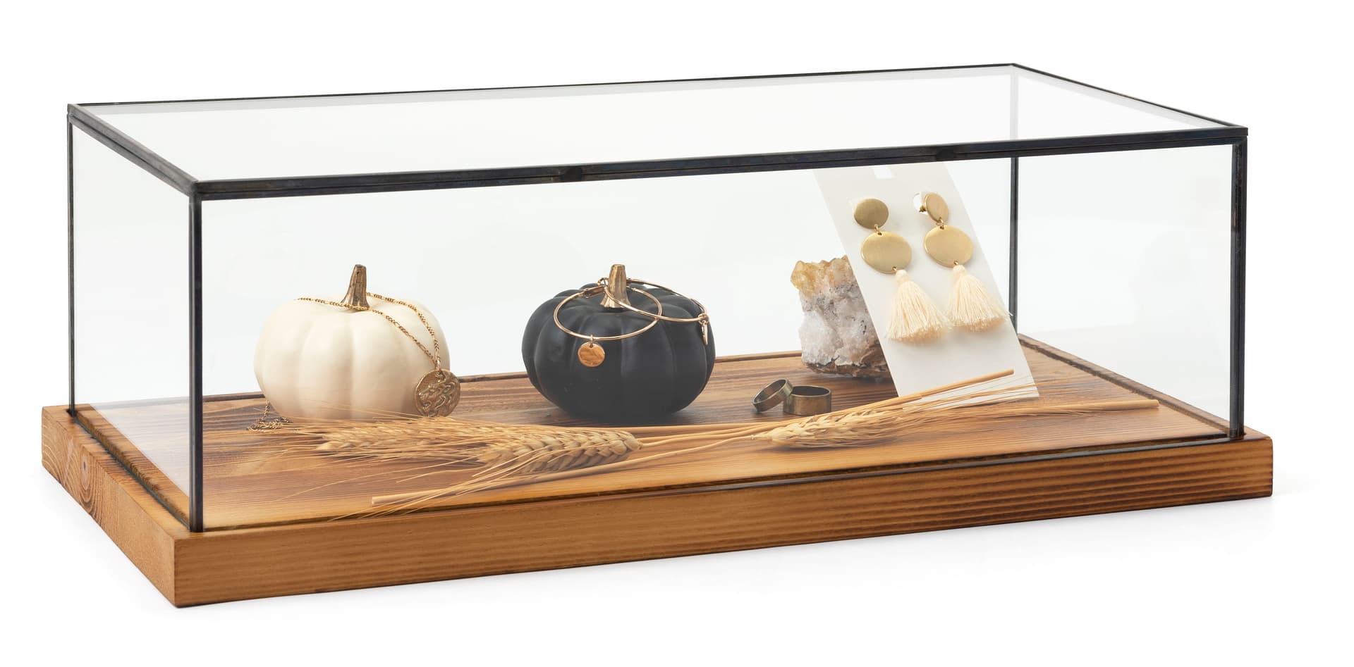 Wood glass tabletop keepsake display case with 1" thick base