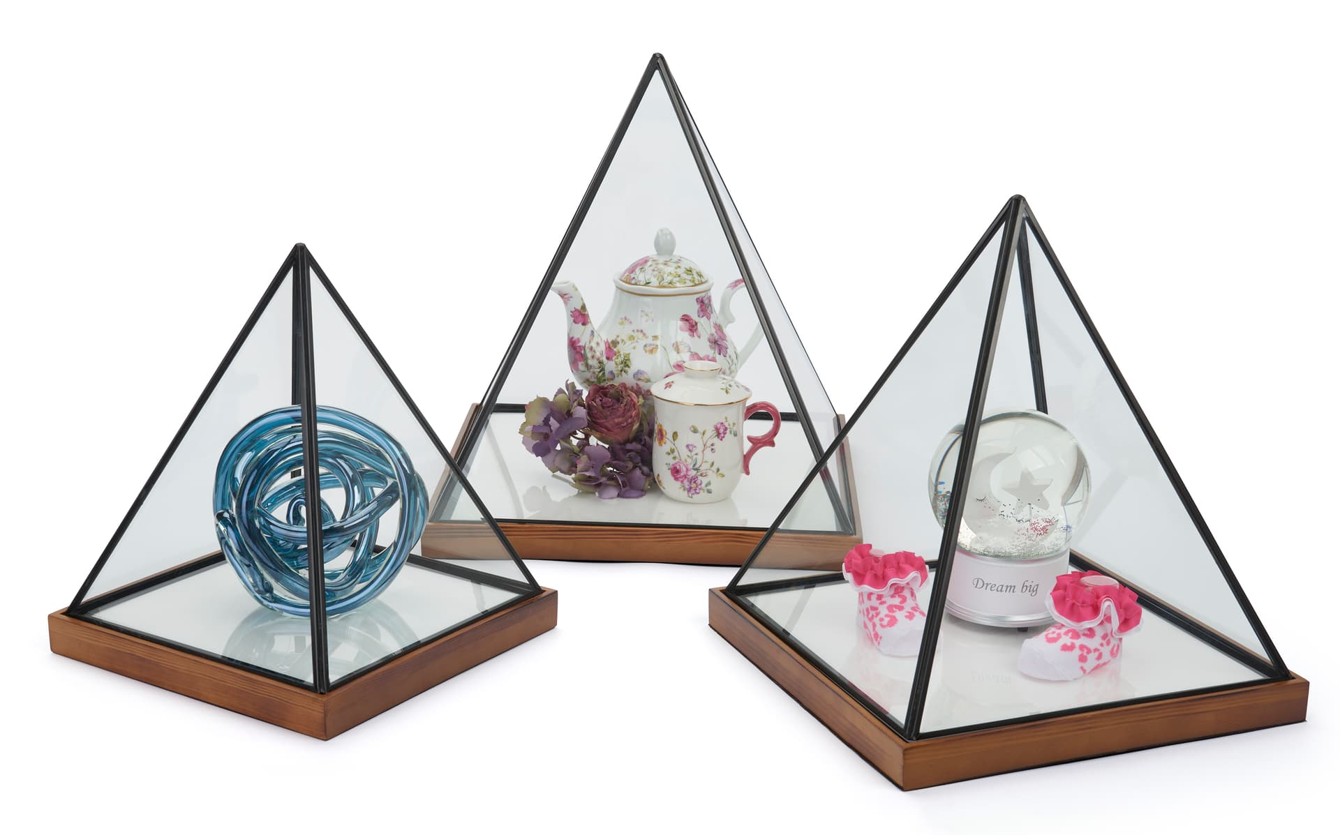 Lighted pyramid glass box with rubber wood base