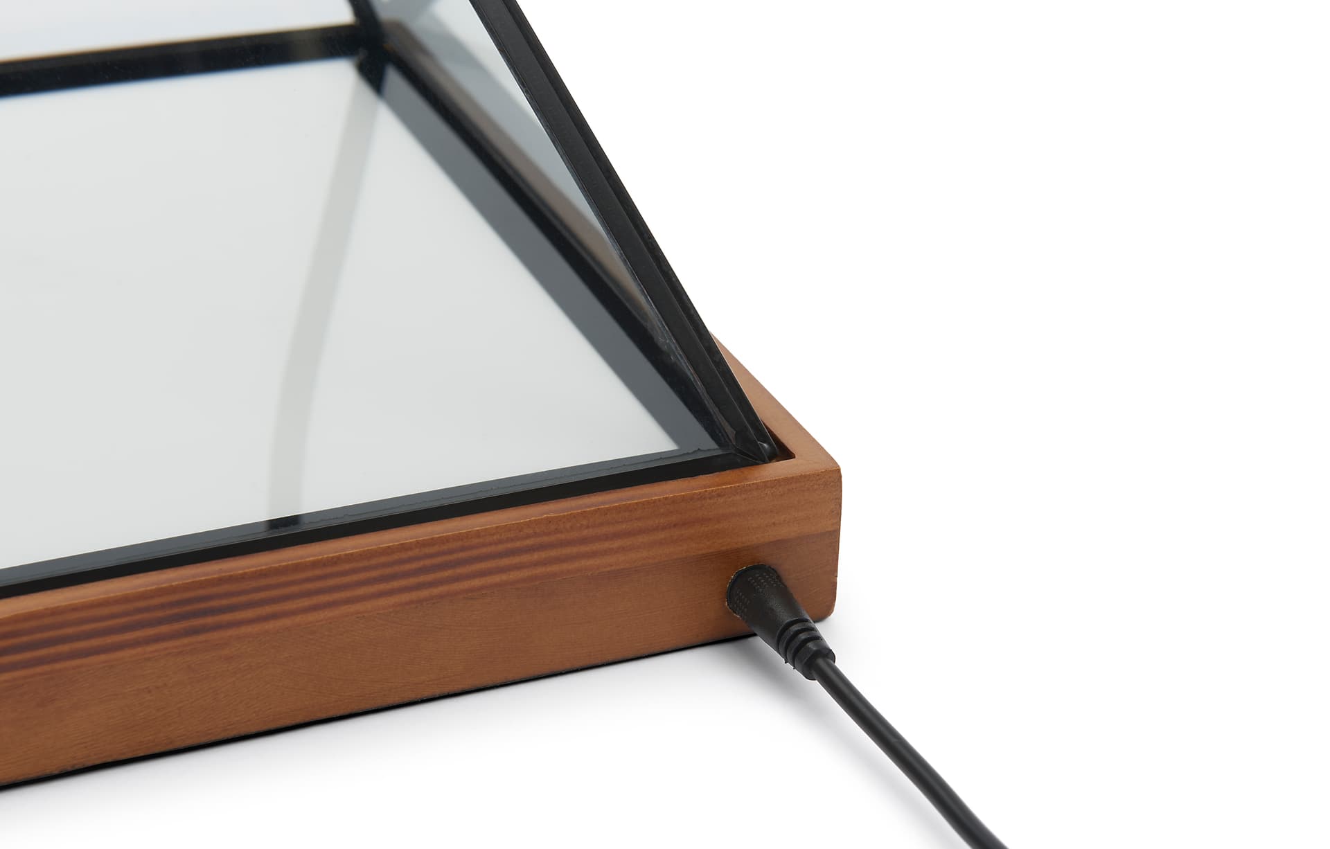 Lighted pyramid glass box with back cord exit