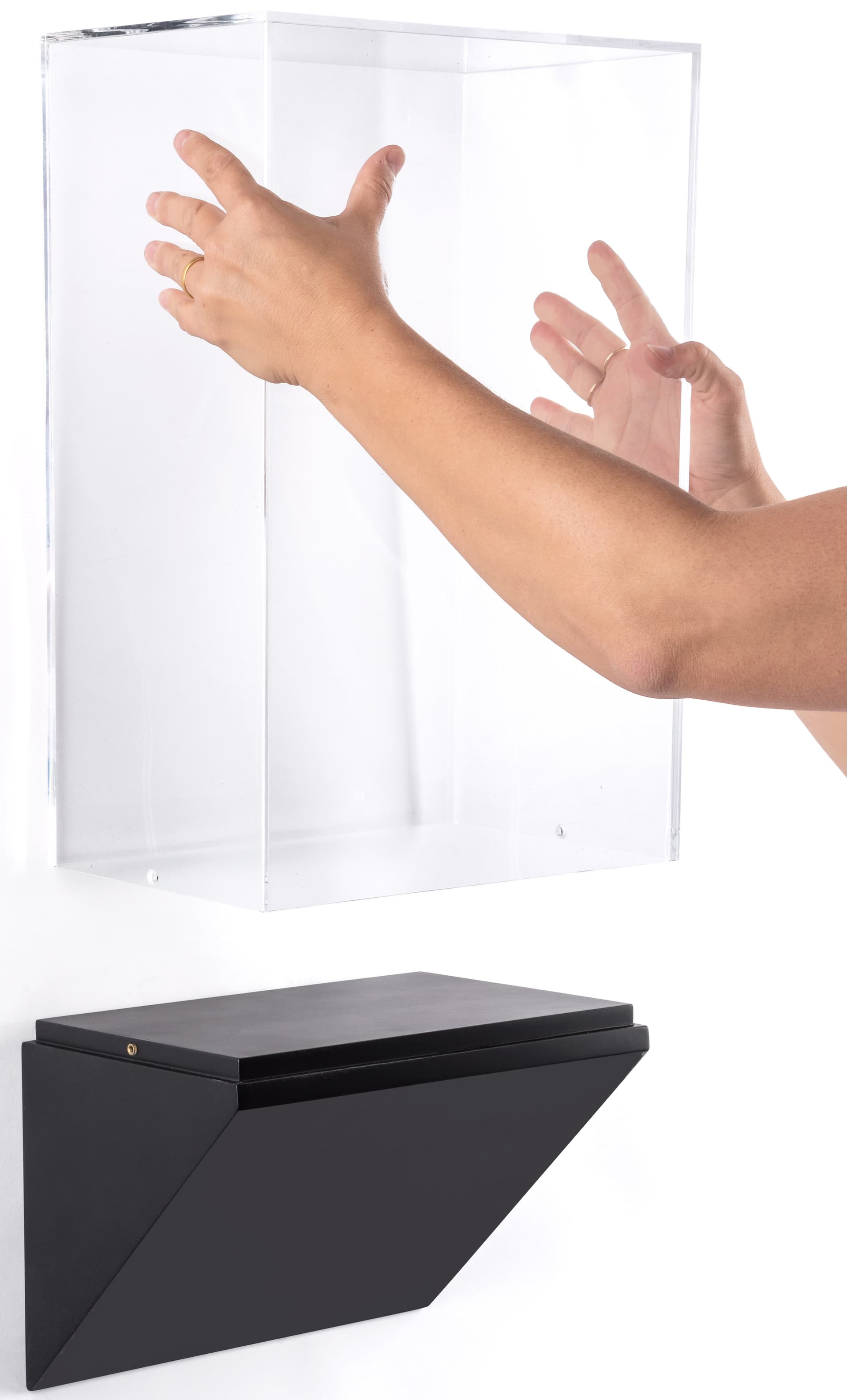Wedge pedestal wall display case with lift-off enclosure
