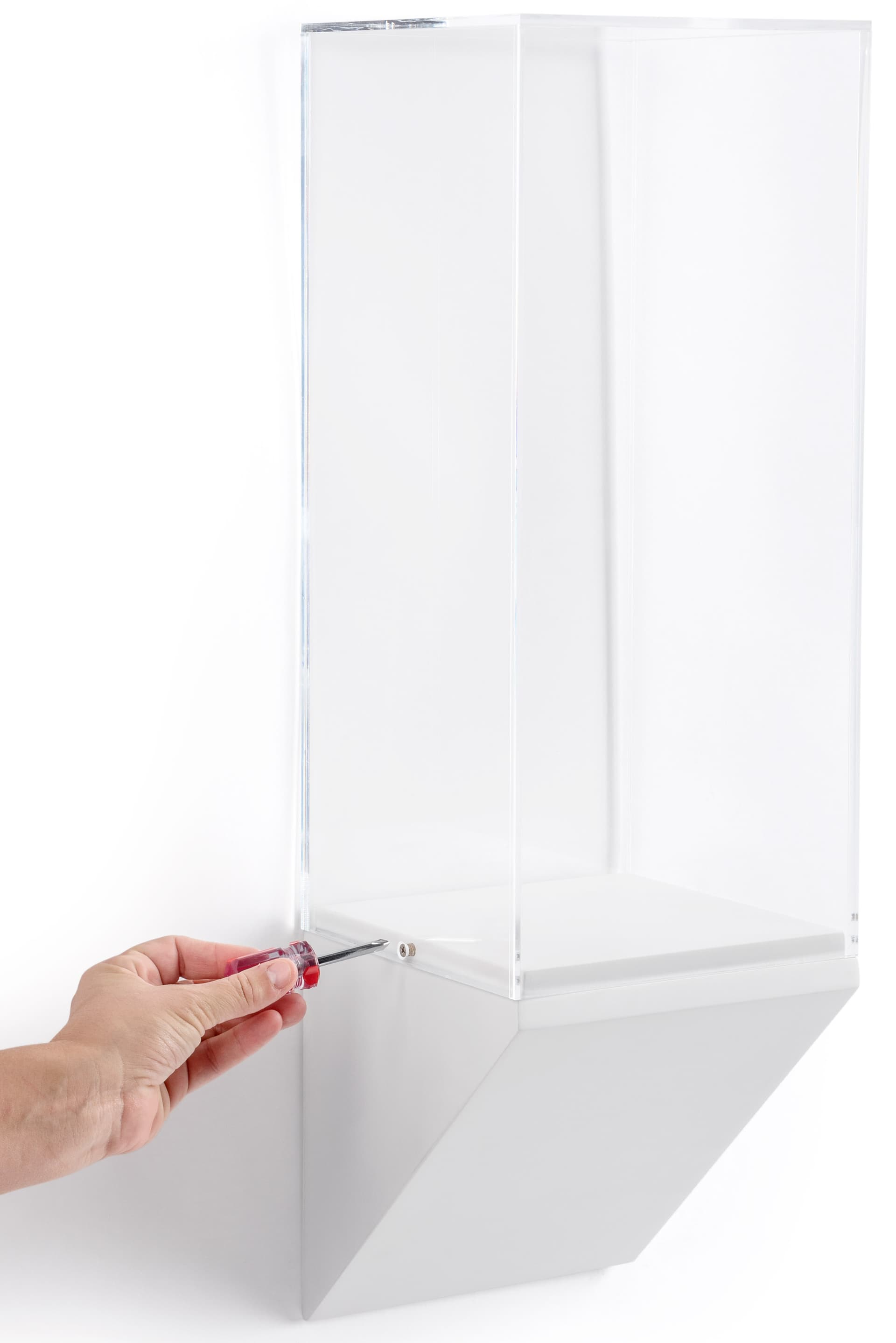 Wedge bottom wall display with the included hardware and screwdriver