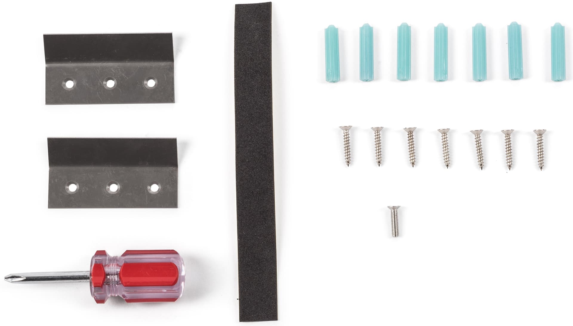 Wedge bottom wall display pedestal includes a full hardware set