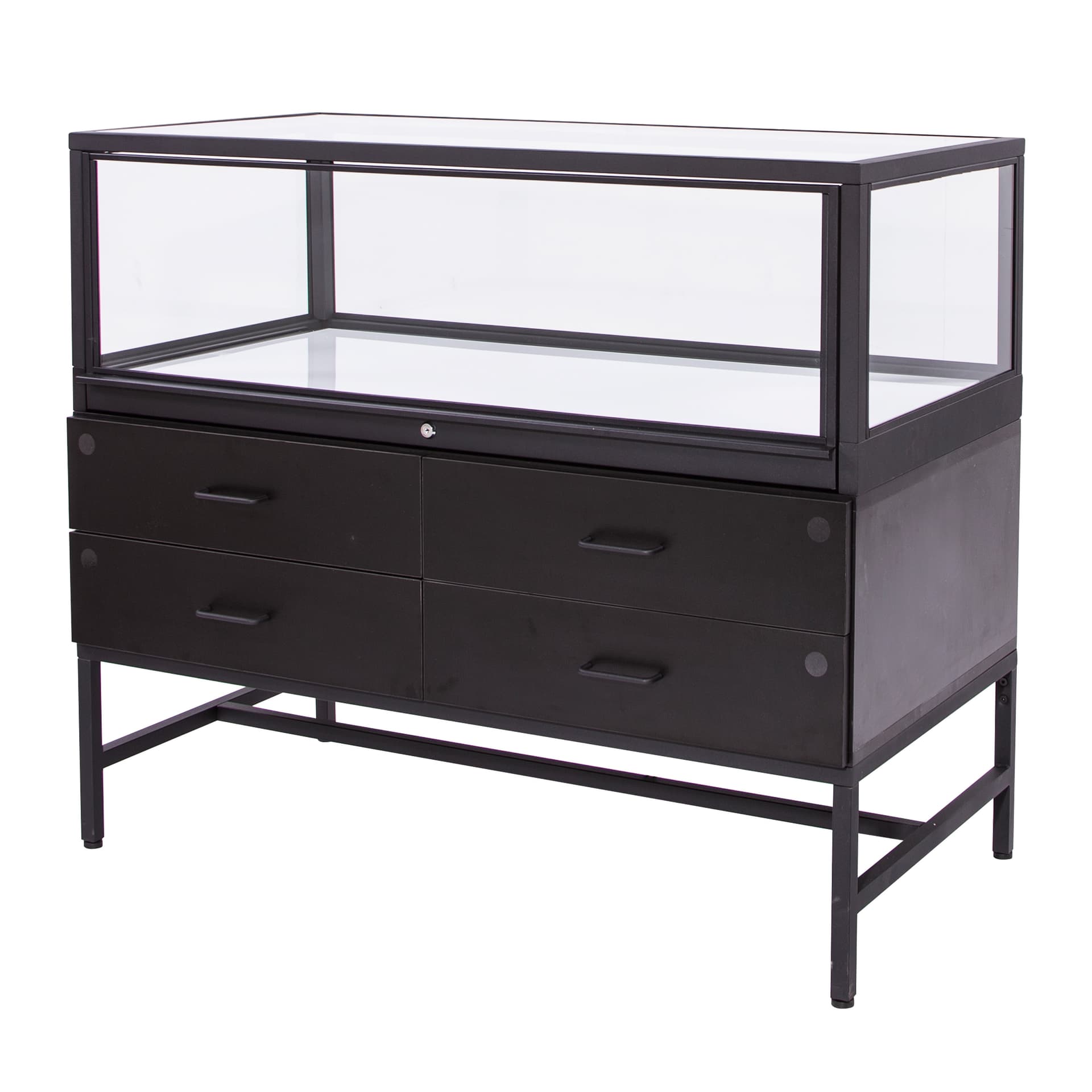 Glass showcase display cabinet storage drawers have magnetic locks