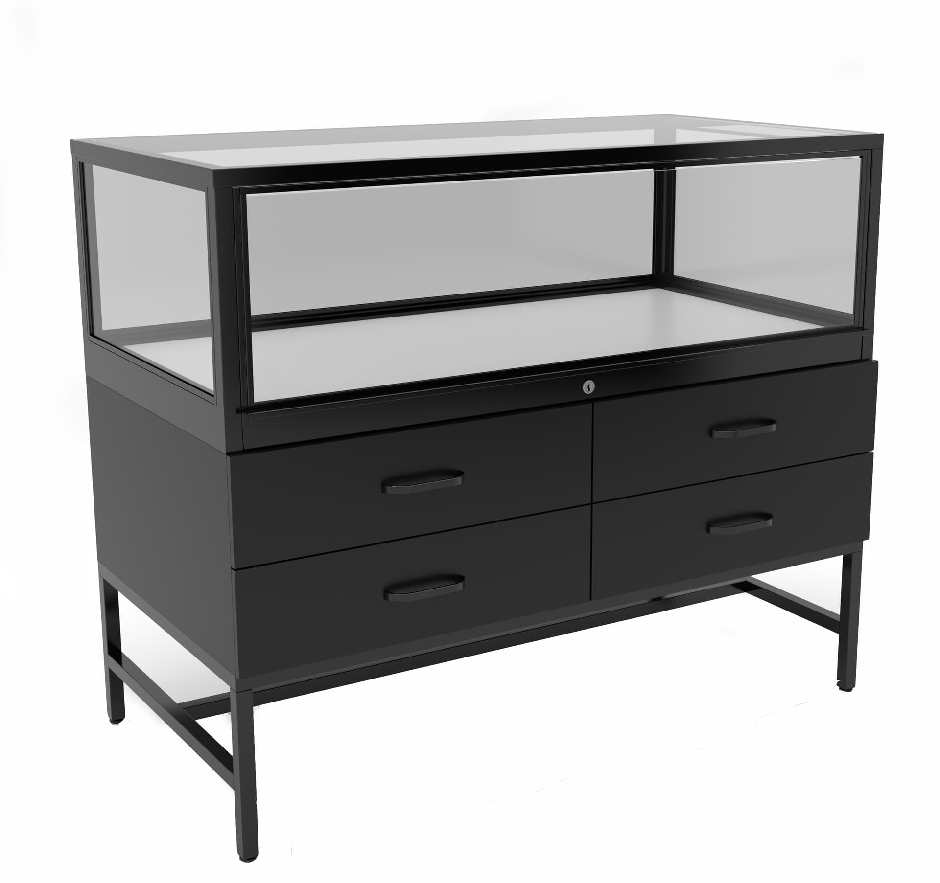Glass showcase display cabinet with four storage drawers