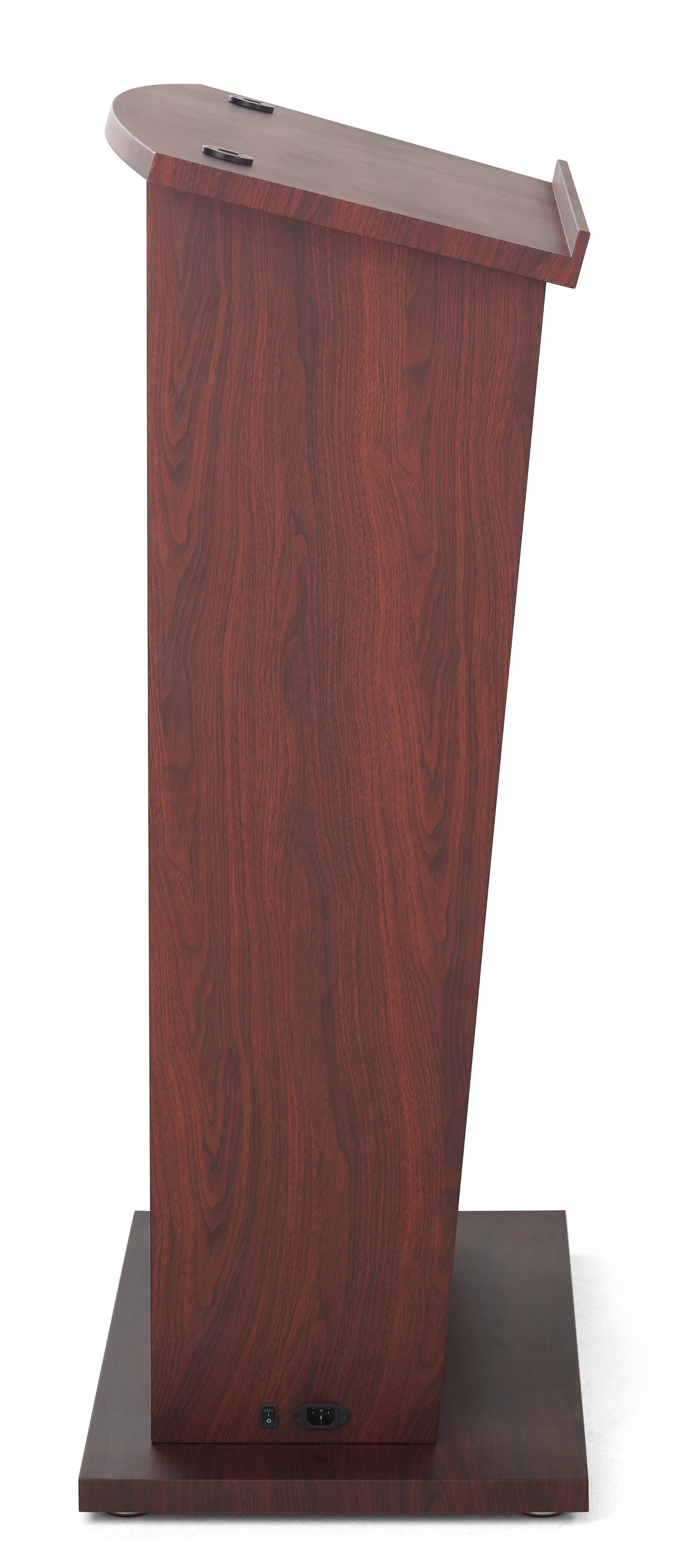 Digital podium with sleek side angle where the power switch is located