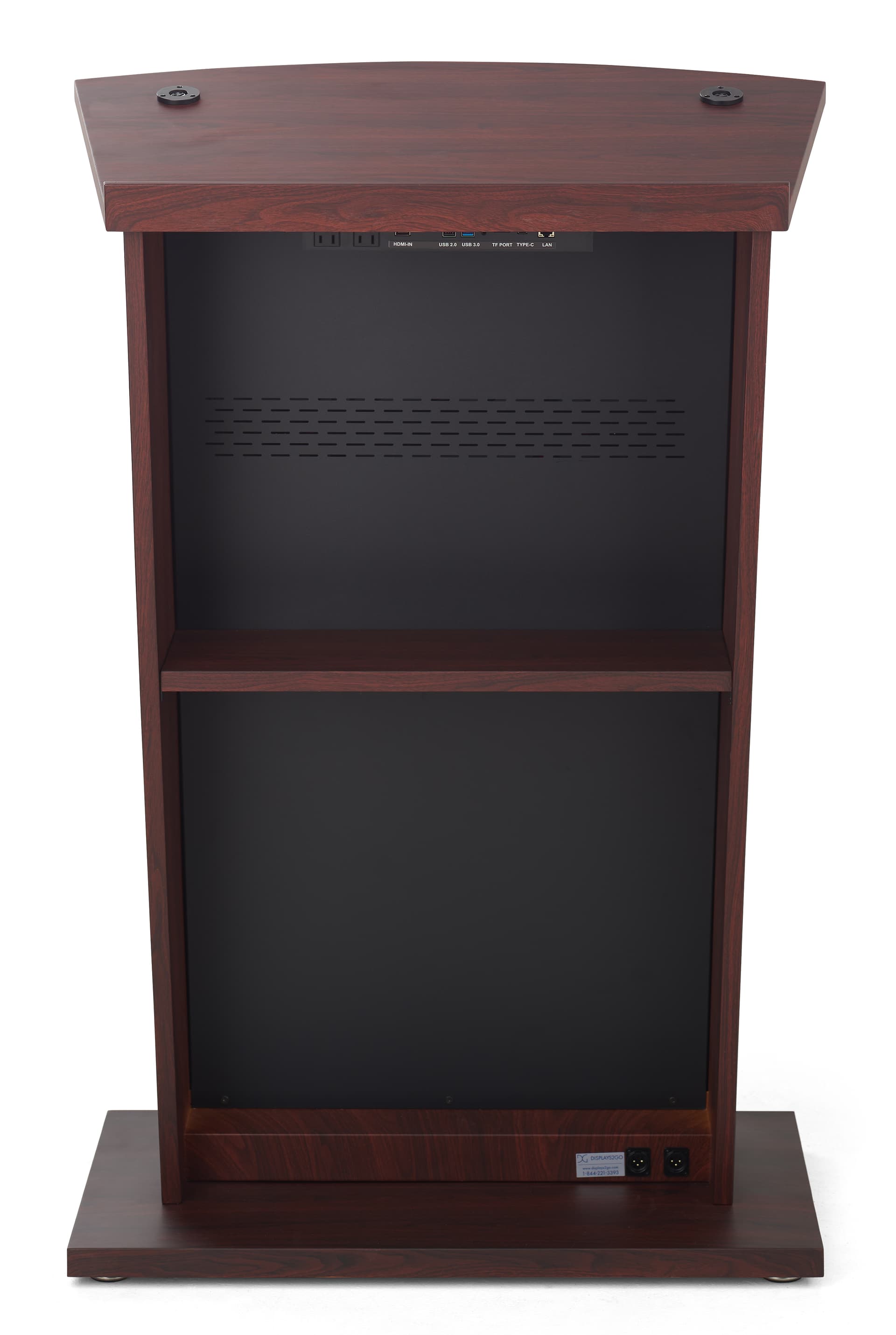 Digital podium showcasing the back of the unit where storage shelf is located