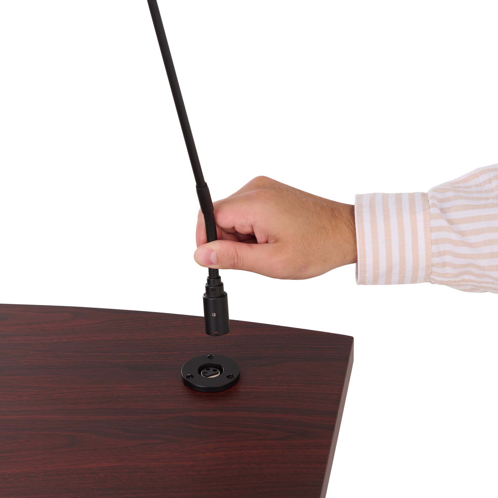 Digital podium showing a gooseneck microphone being plugged in