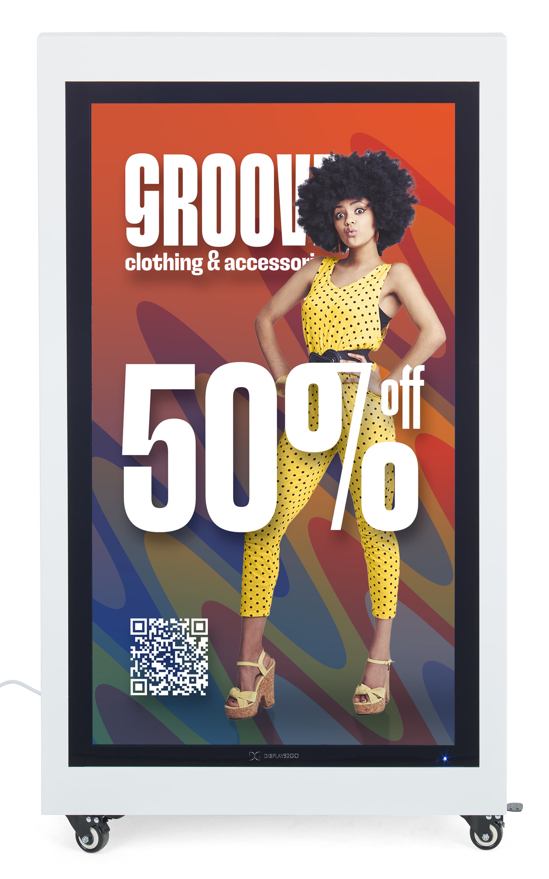 Checkout stand with digital display showcasing a retail advertisement for a 50% sale
