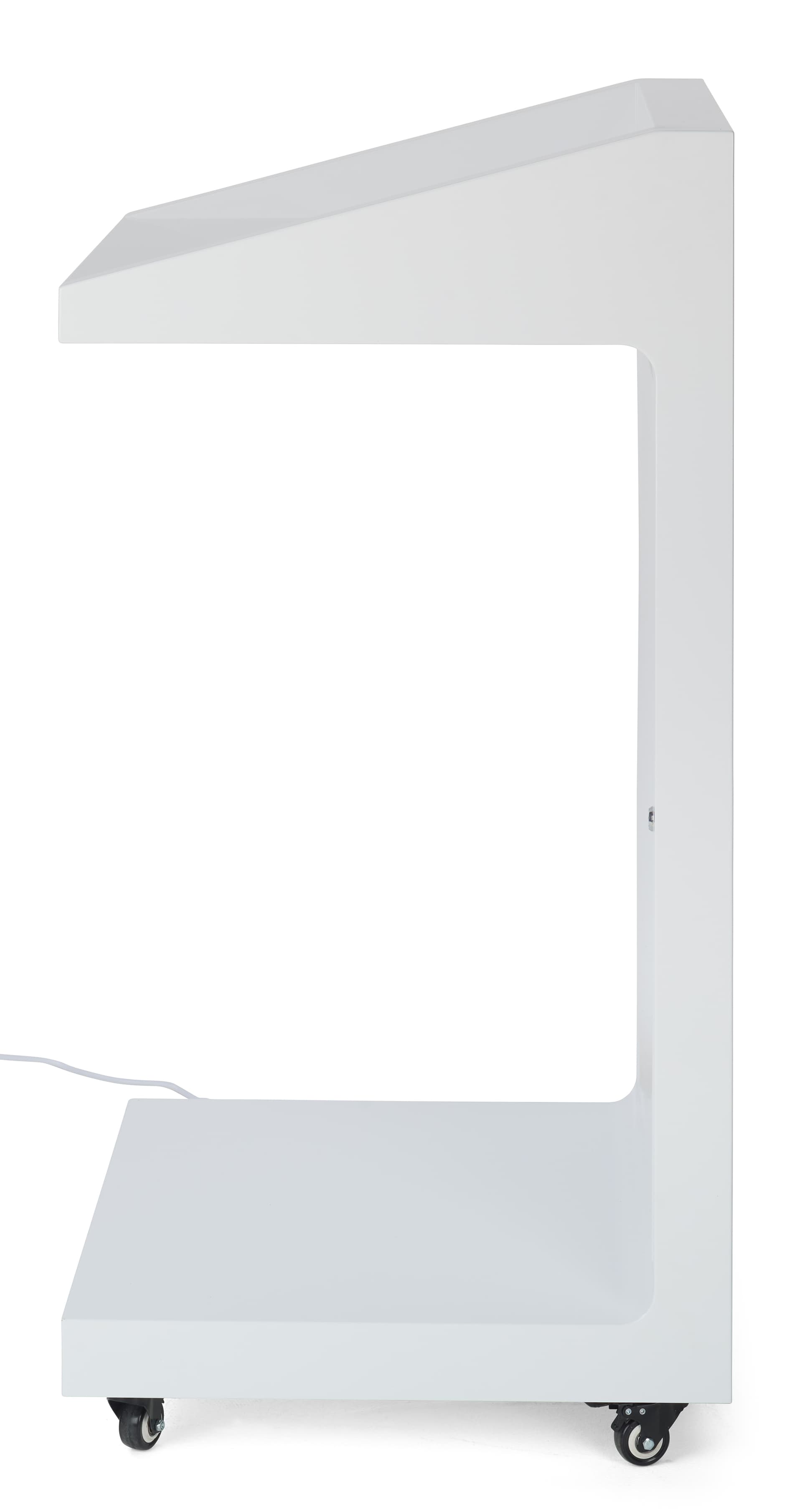 Checkout stand with digital display showcasing its sleek side angle