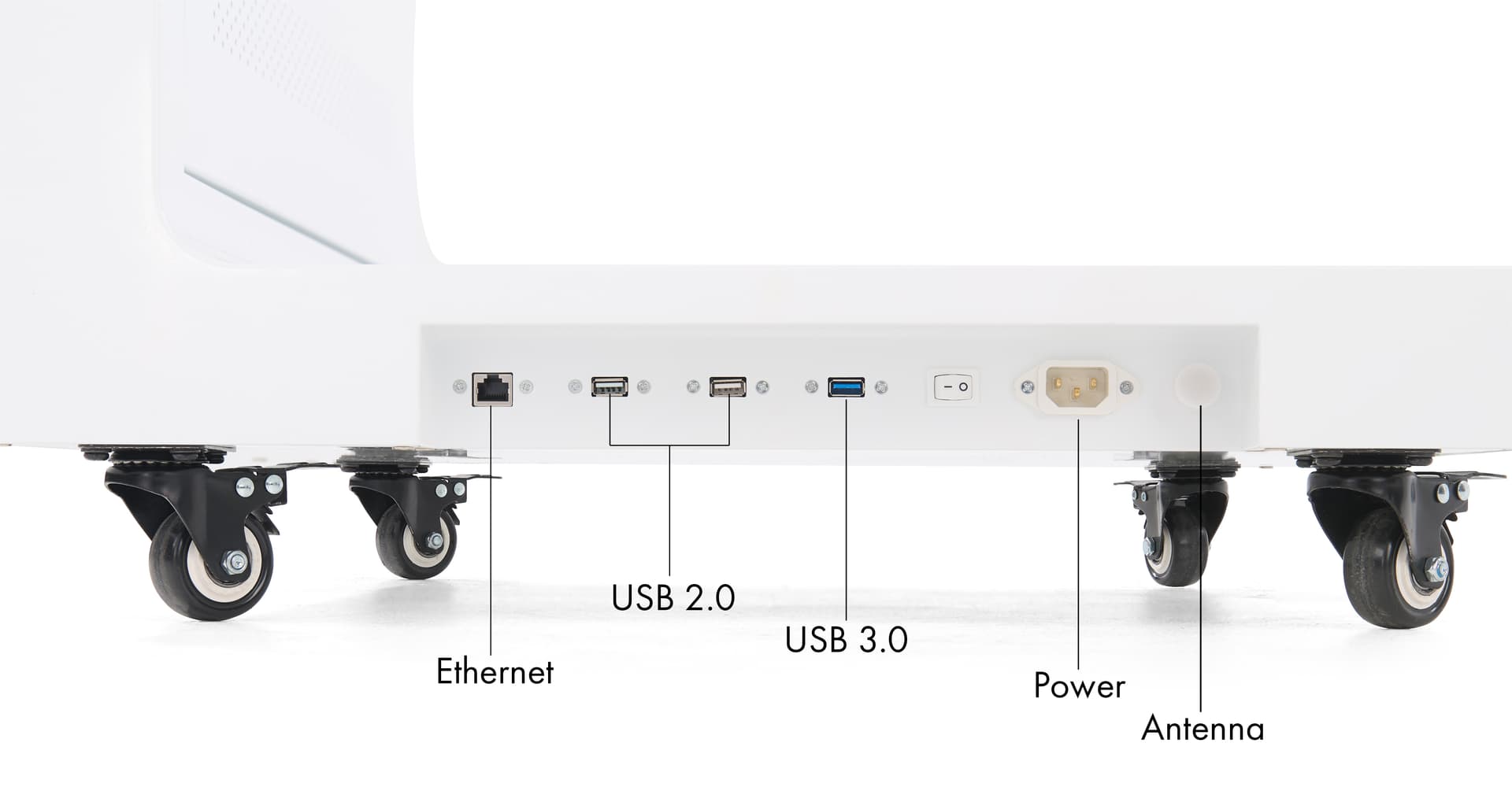 Checkout stand with digital display with ports located on the bottom side of the units base