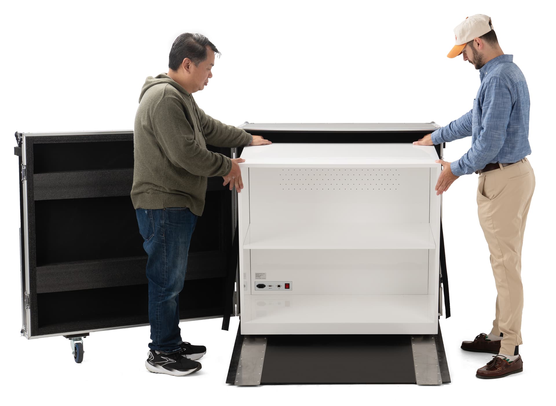 Portable dvLED display with counter recommended to have two individuals to safely roll in and out of the case