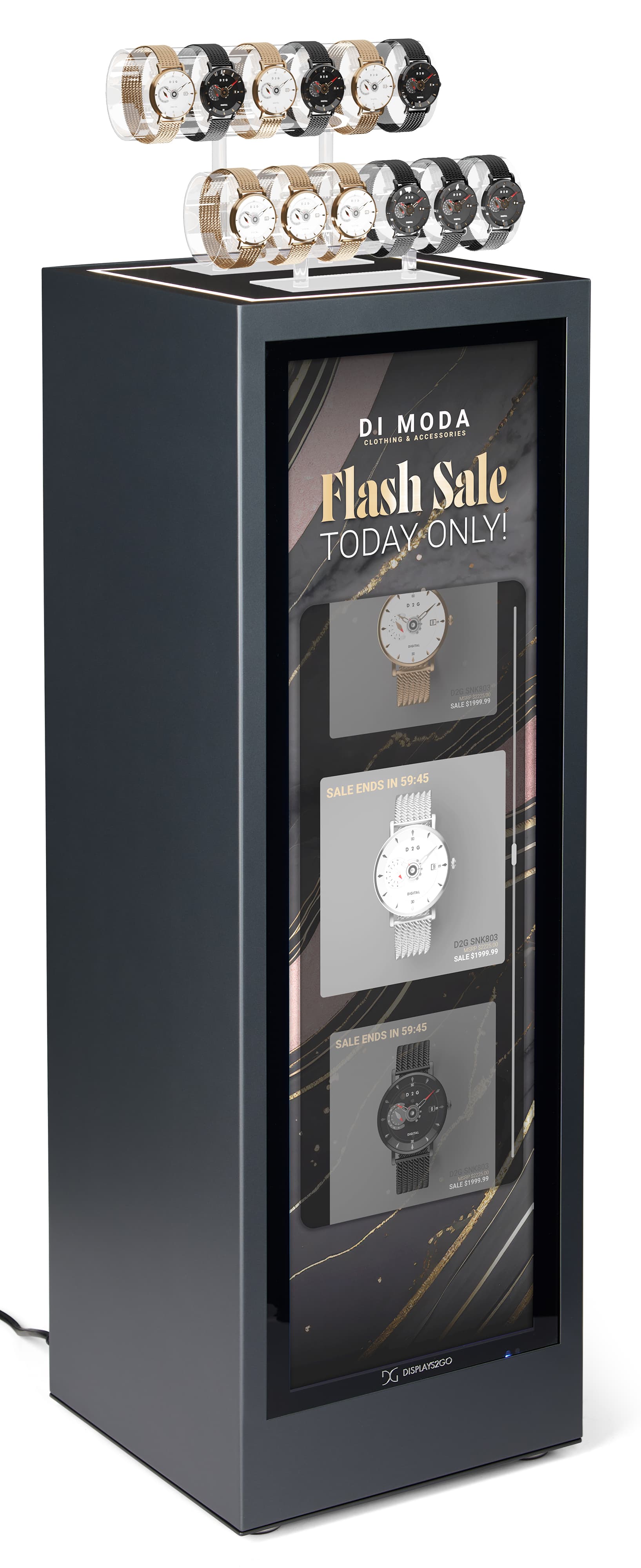 Pedestal display with digital sign and 14 inch by 14 inch surface