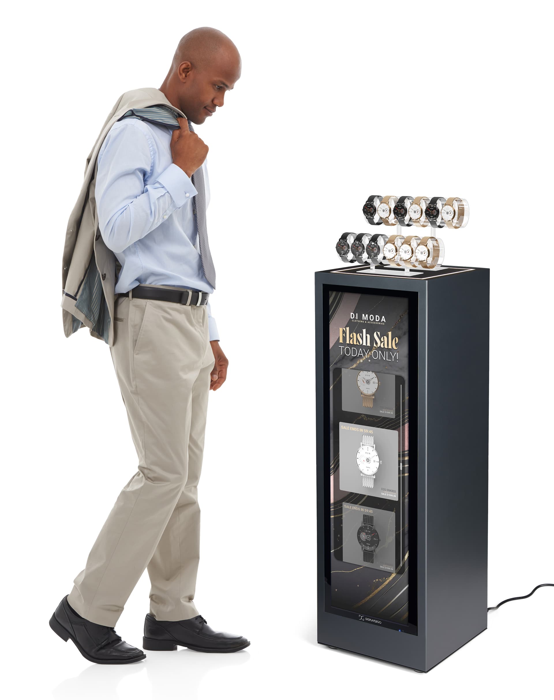Pedestal display with digital sign with a passerby shopping the display