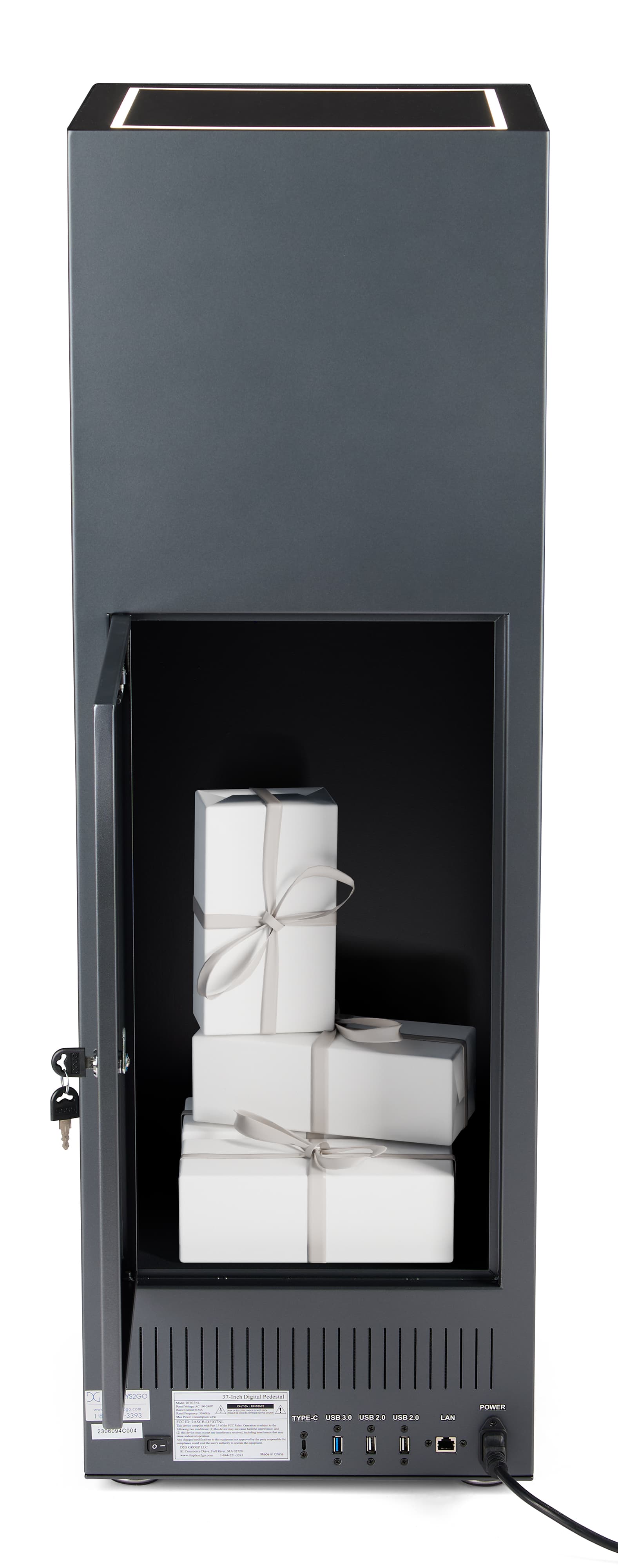 Pedestal display with digital sign with locking cabinet for valuables 