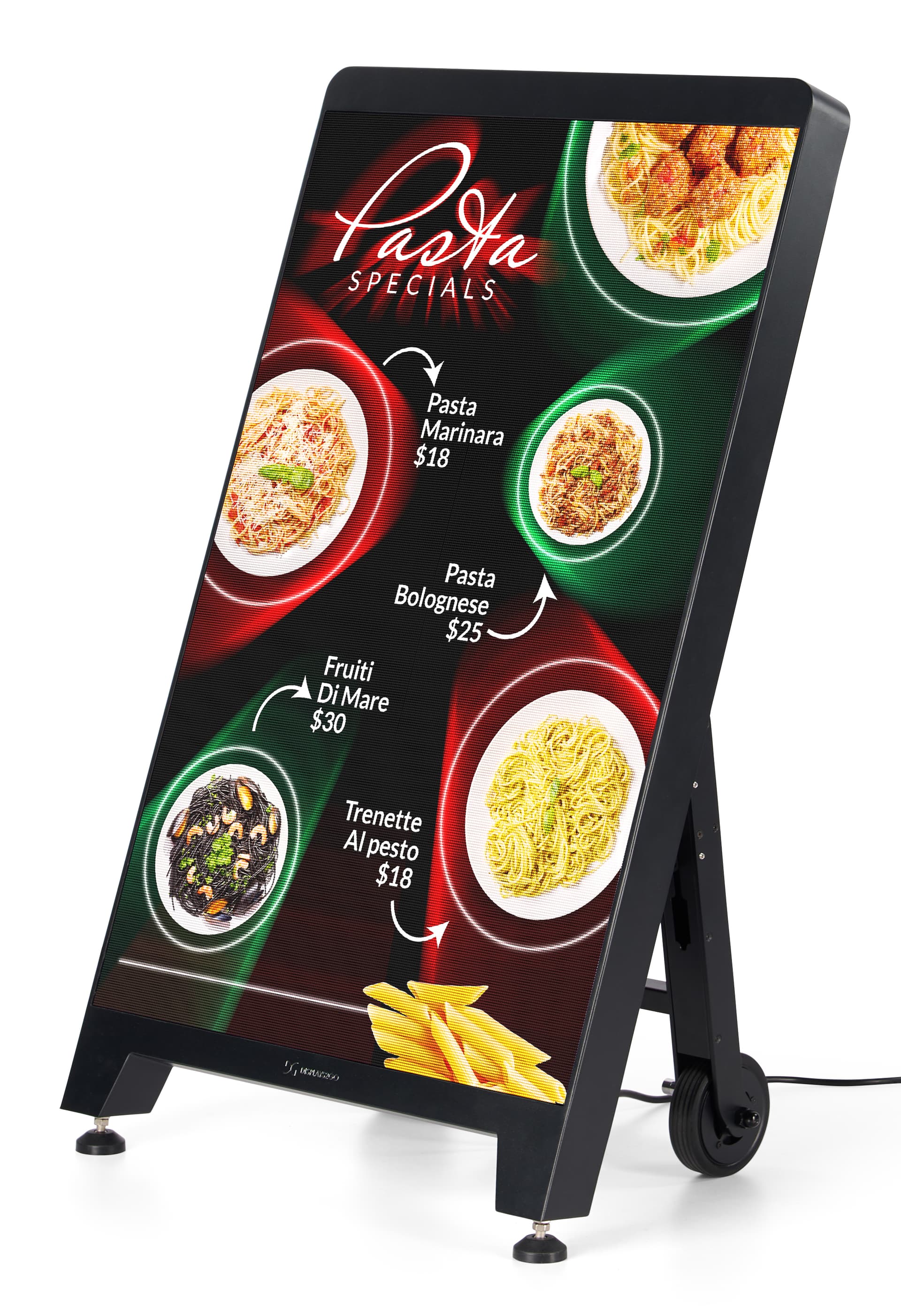 Digital sidewalk sign with a vibrant graphic showcasing restaurant specials