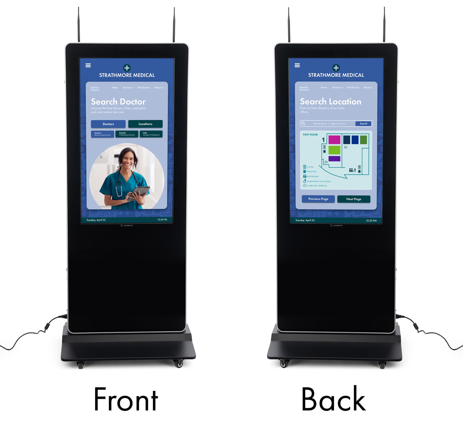 Double-sided digital vertical touchscreen kiosk with Photoshop meets Canva user interface - making content seamlessly easy to create and use