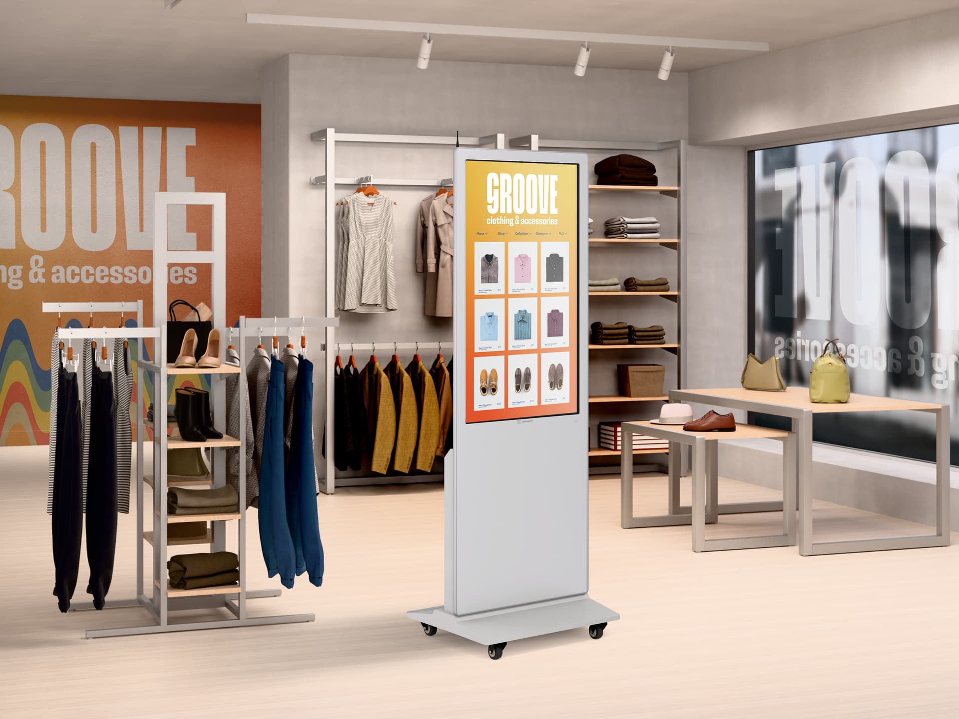 Advertising Multimedia Kiosk being utilized in a retail clothing store